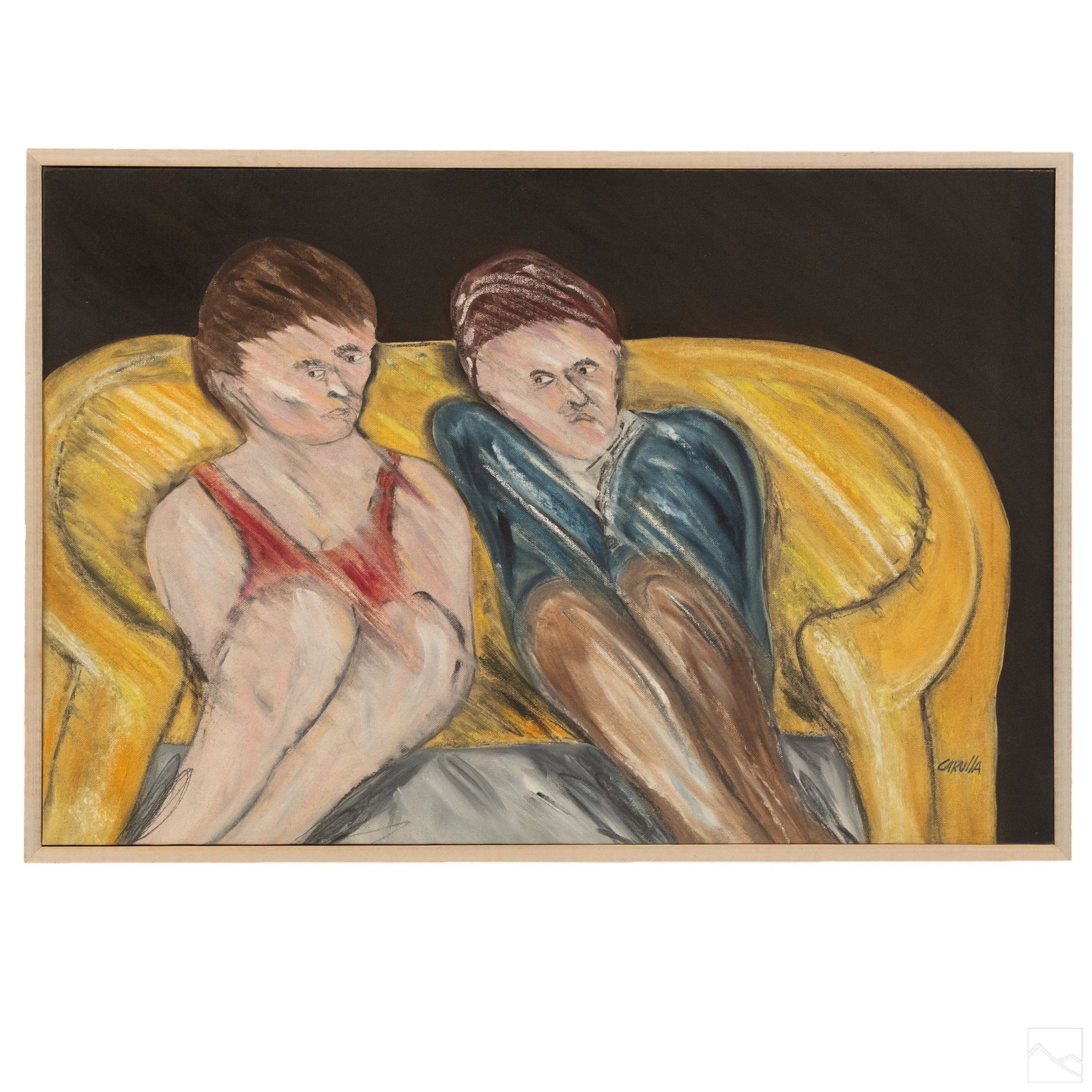 Ramon Carulla (b.1936) Outsider Art Sofa Painting: Ramon Alberto Carulla (American Cuban, born 1936). Titled "Sofa Scene." Oil painting on canvas. Depicts two figures on sofa. Artist signature lower right and pencil signed on verso. Housed in a nude w