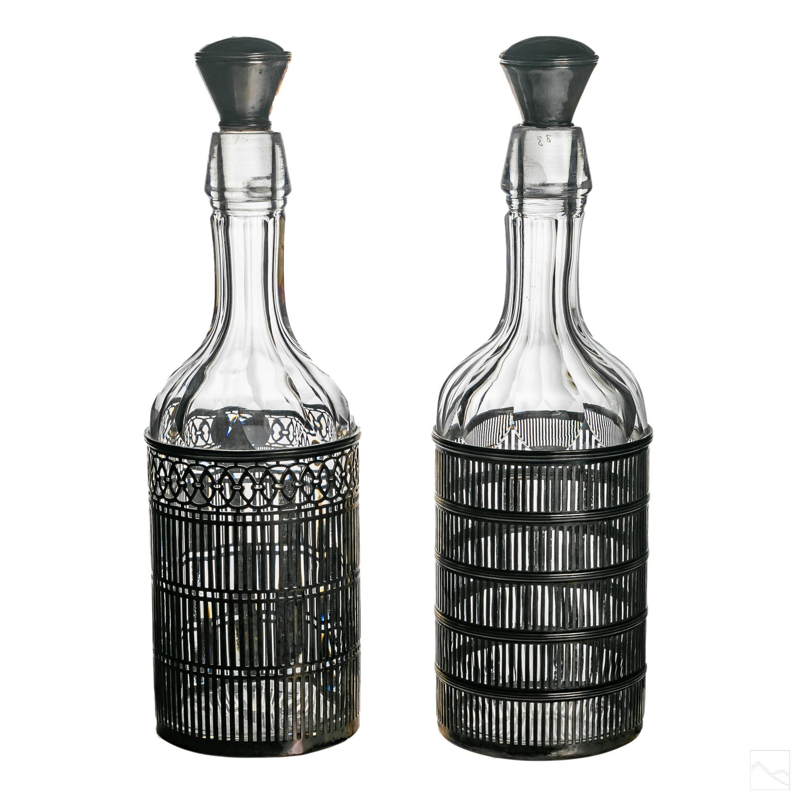 Old Sterling Silver Overlay Crystal Decanters PAIR (1 of 10)