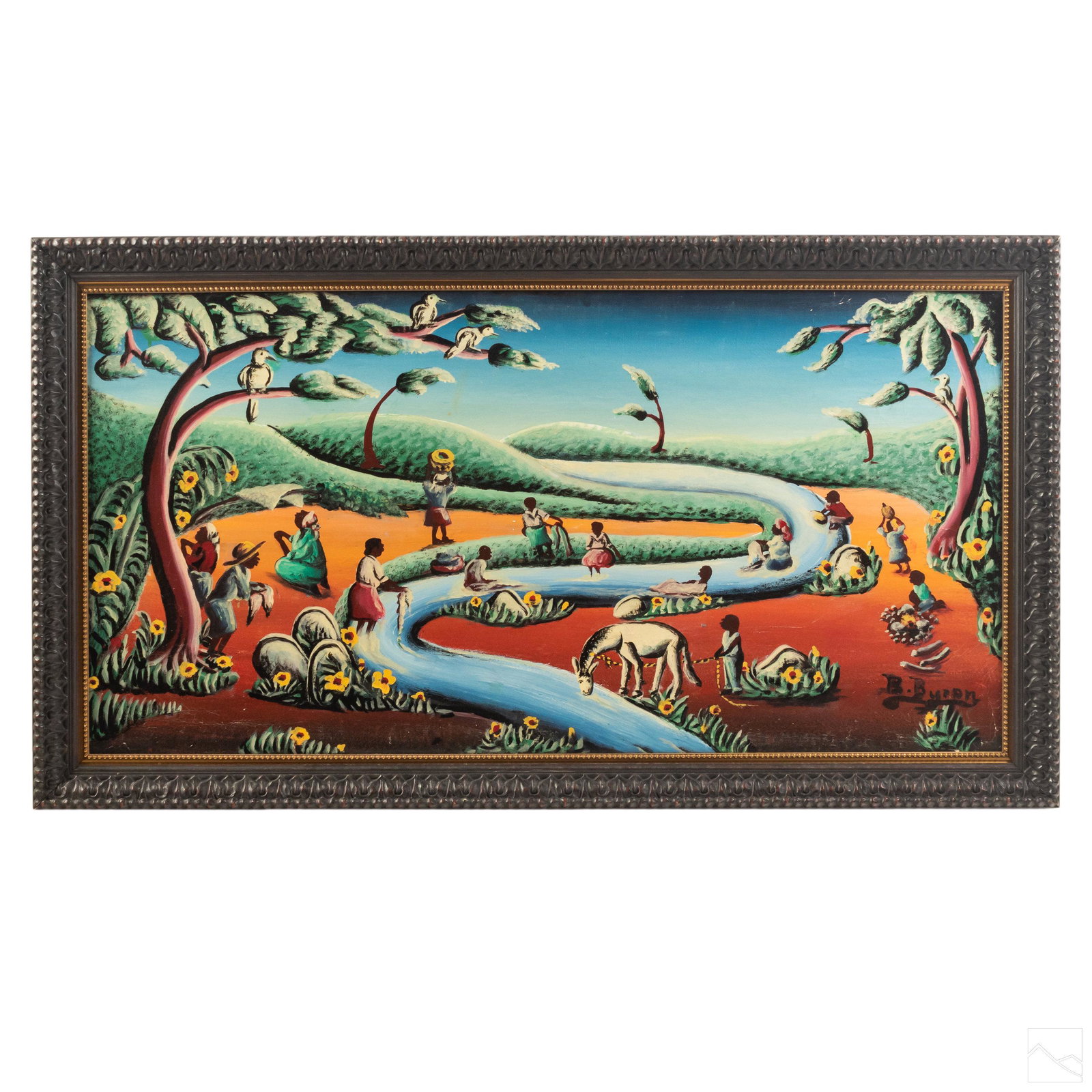 B Byron (1920-2004) Haitian Landscape Oil Painting: Bourmond Byron (Haitian,1920-2004). Vintage original Haitian oil painting on canvas. Figural landscape of a river with trees and farmers. Artist signature lower right corner. Housed in ornate black an