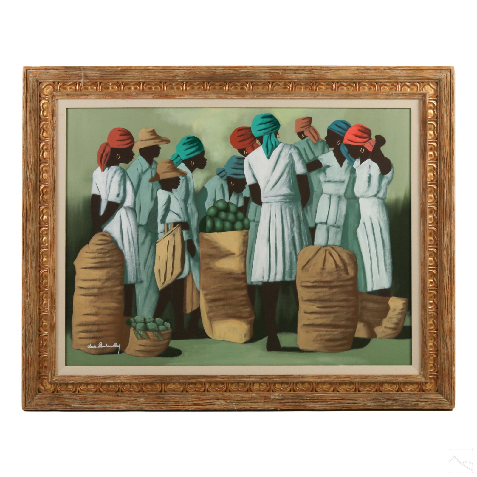 Claude Dambreville (b1934) Haitian Market Painting: Claude Dambreville (Haitian, born 1934). Original folk art acrylic painting on canvas, "Market Women." A group of women with baskets of fruit and vegetables. Artist signature lower left. Good conditio