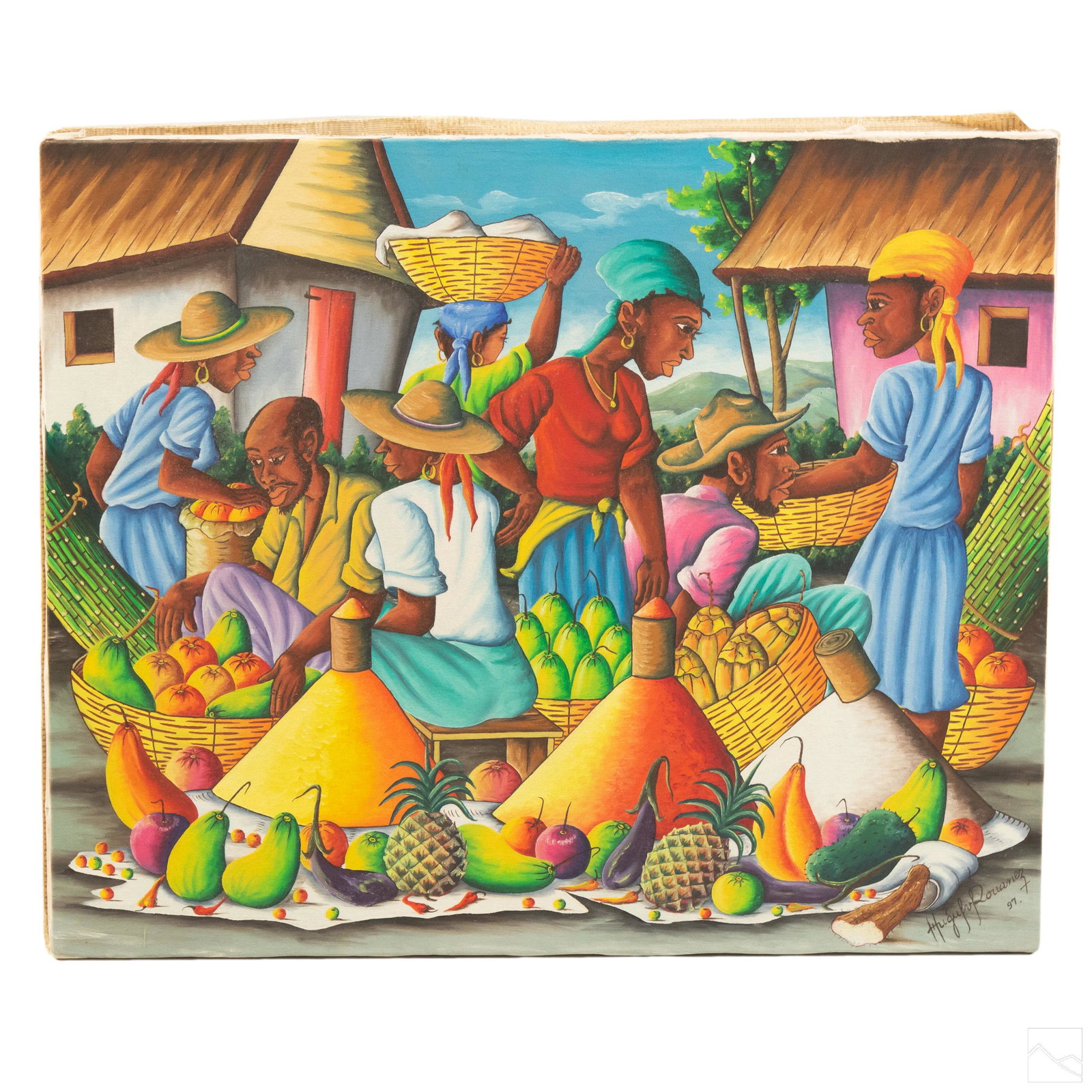 Hugh Guy Rouanez Haitian Market Folk Art Painting: Hugh Guy Rouanez (Haitian, 20th Century). Haitian figural folk art oil painting on canvas. Depicts a busy village farmers market scene. Unframed. Artist signature lower right hand corner, dated 1997. 