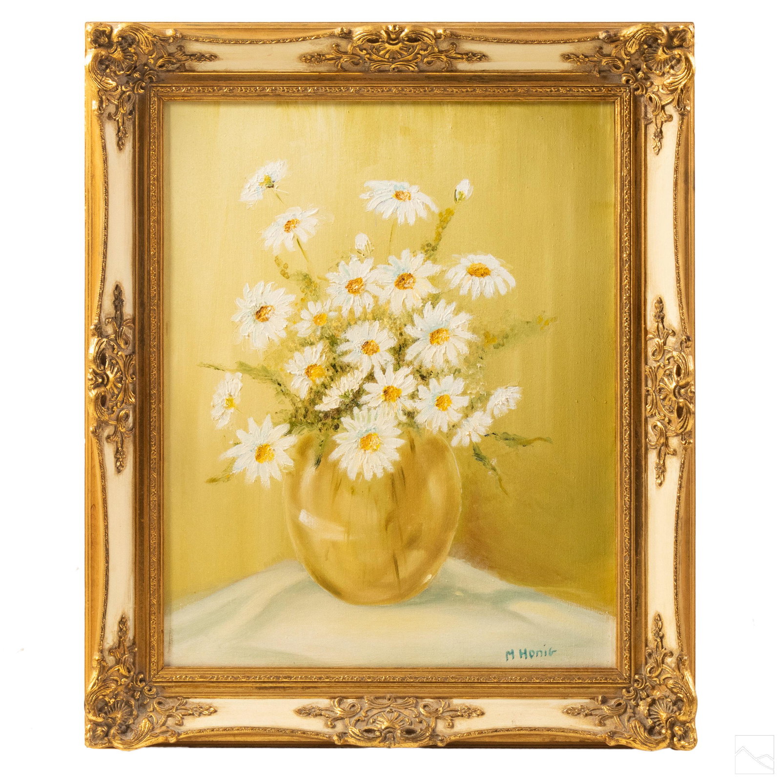Mervin Honig (1920-1990) Still Life Oil Painting: Mervin Honig (American, 1920-1990). Oil painting on canvas. Depicts a still life of daisy flowers in a vase. Signed lower right. Good condition, frame having normal storage wear. Measures approximatel
