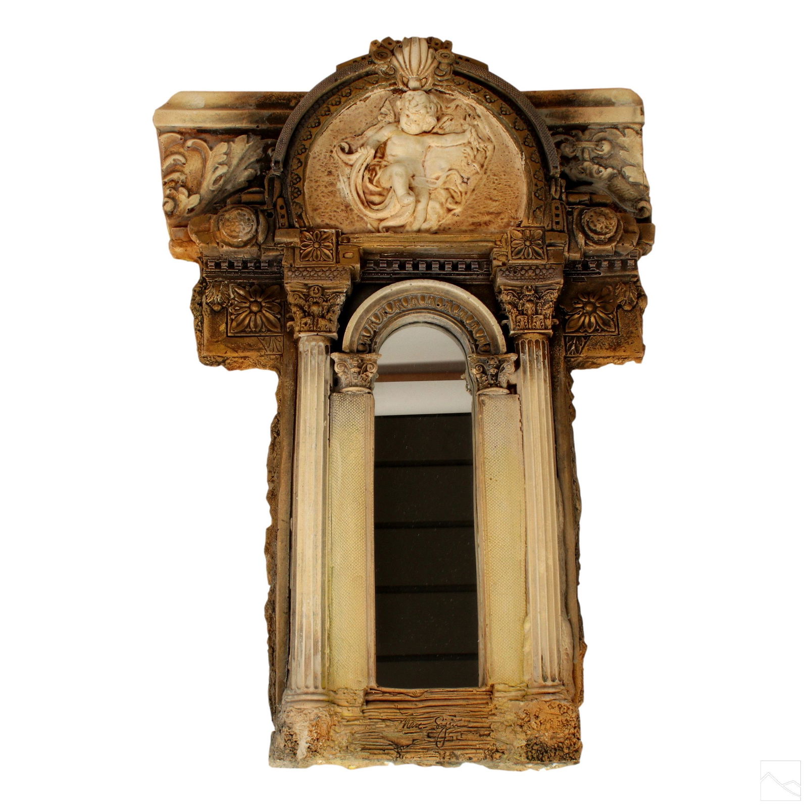 Marc Sijan b.1946 Neoclassical Cherub Wall Mirror: Marc Sijan (American Serbian, born 1946). High relief Neoclassical ceramic figural wall mirror sculpture in an archway form with relief flora and scrolling forms and a central nude cherub putti figure