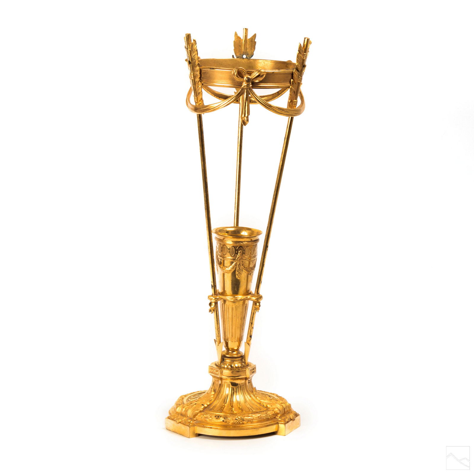 Christofle French Large Gold Gilt Epergne RARE: Christofle (France). Large gold washed epergne featuring an elaborate classical design with feathered arrow motif. No glass included. Good overall condition with minor wear. Measures approximately 20