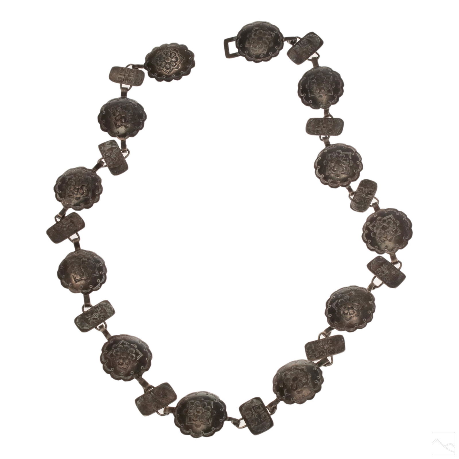 Native American Navajo 925 Silver Concho Necklace: Antique Native American Navajo sterling silver necklace. Could easy function as a child's concho belt. Each concho is hand stamped with a traditional pattern. Marked Sterling. Good overall condition w