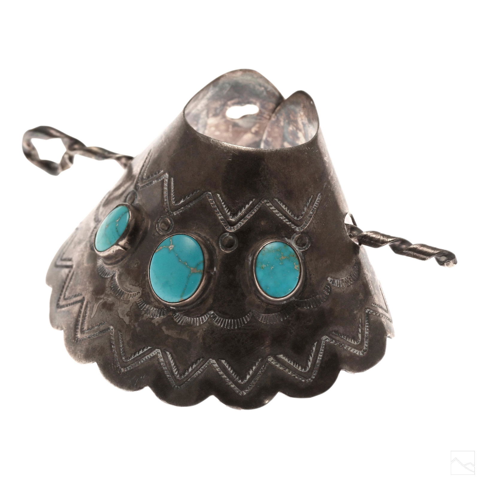 Native American Sterling Silver Turquoise Barrette: Antique sterling silver and turquoise Native American hair jewelry. Features hand stamped decoration with three bezel set turquoise. Comes with original silver spiraled pin stick. Unmarked but tested