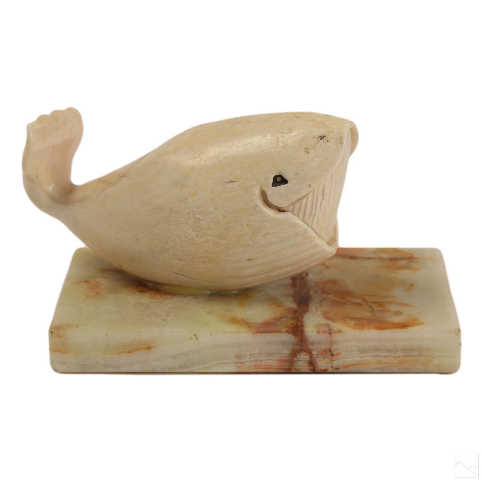 Native Alaskan Inuit Whale Bone Scrimshaw Carving: Vintage artisan carved whale bone carving in the form of a whale. Features a stylized whale fixed to a green onyx base. Unsigned. Good overall condition with minor wear. Measures approximately 4 in. x