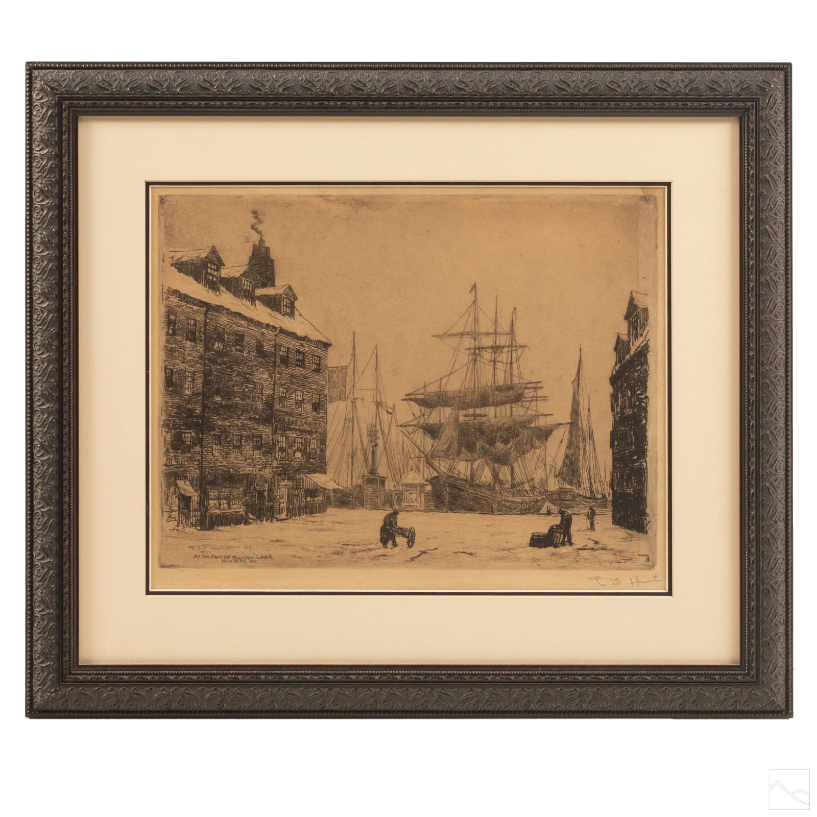 Frederick Hunter 1858-1943 New York Harbor Etching: Frederick Leo Hunter (American,1858-1943). American Victorian etching. Depicts shipyard with clipper boat docked at harbor. Titled "At The Foot Of Maiden Lane New York N.Y." dated 1881 lower left, and