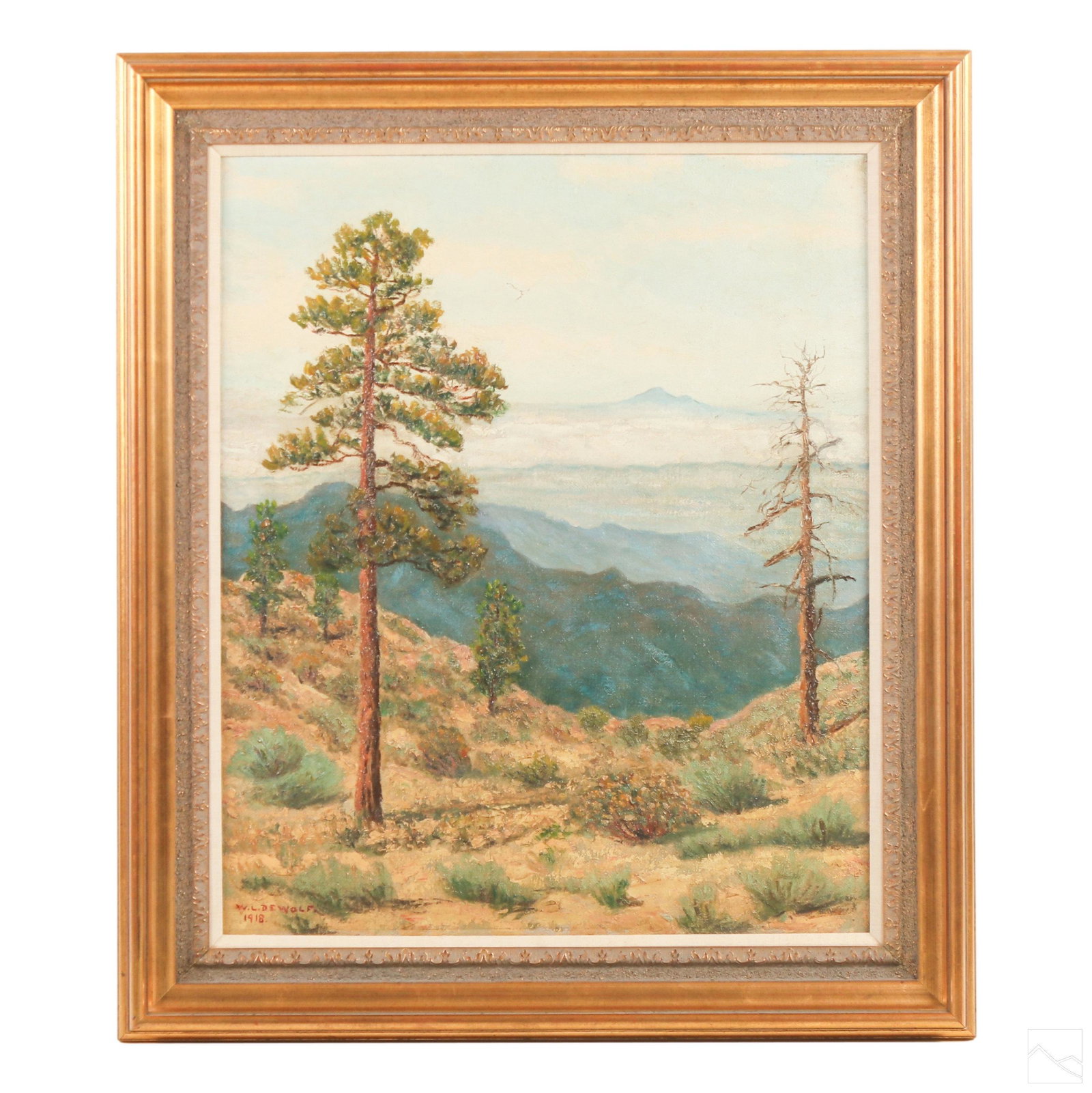 Wallace De Wolf 1854-1930 Peaks Landscape Painting: Wallace L. De Wolf (DeWolf) (American, 1854-1930). Original oil painting on canvas. Depicts a mountainous landscape. Signed lower left and dated 1918. Good overall condition with wear to frame and are