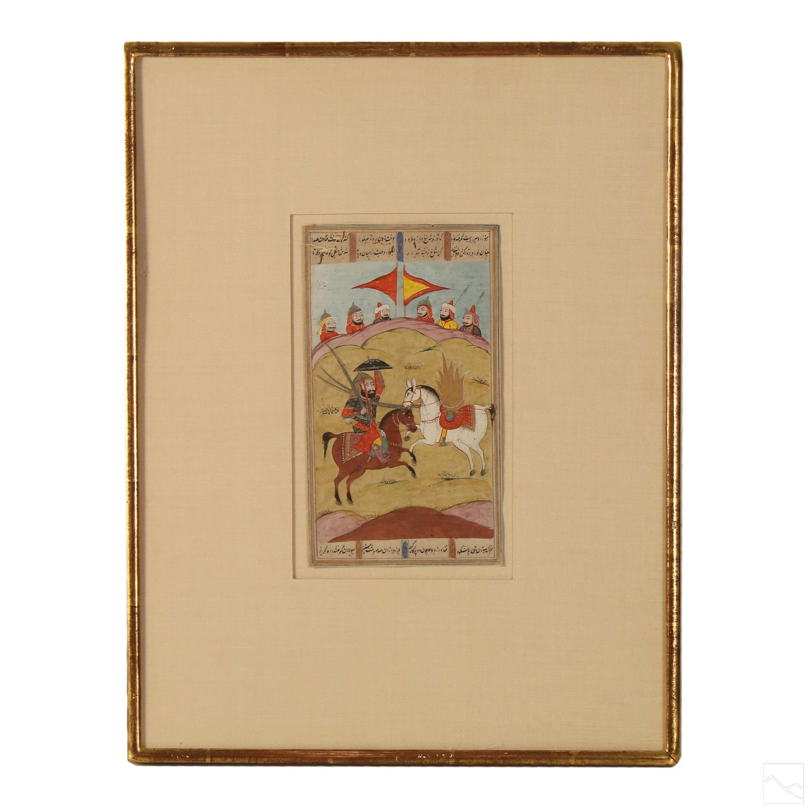 Persian Mughal Antique Illuminated Manuscript Page: Antique hand painted illuminated manuscript page. Depicts a horse and rider with figures watching in the background. Good overall condition with wear to frame. No glass in frame. Measures approximatel