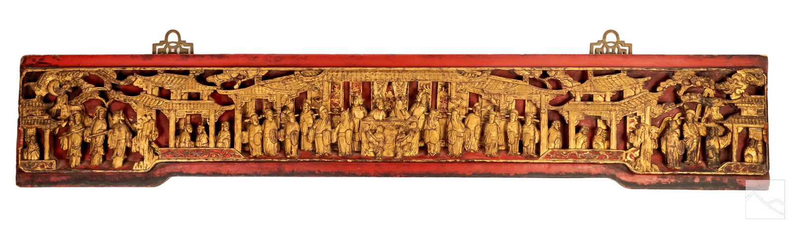 Chinese Antique Wood Gilt & Red Carved Wall Plaque (1 of 4)