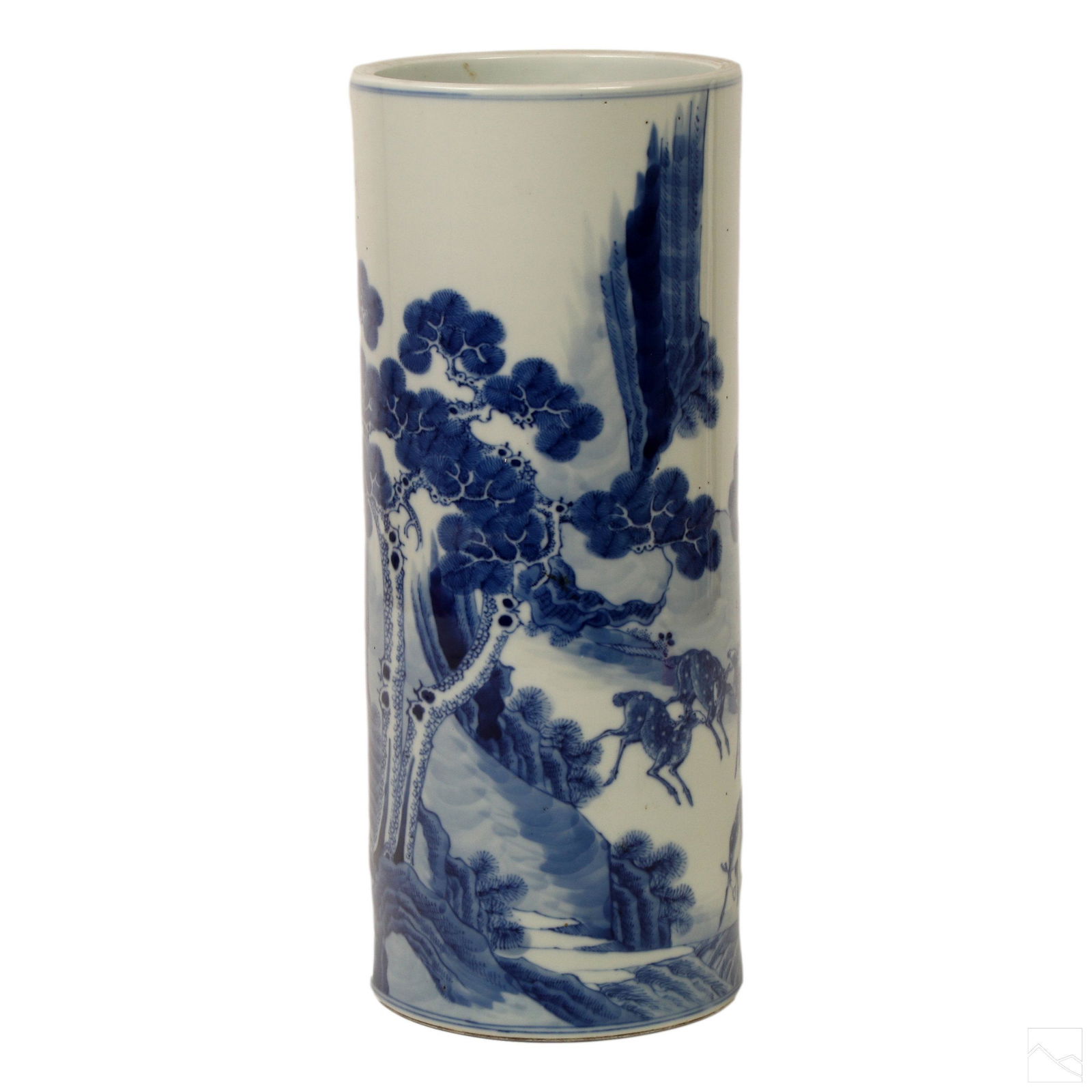 Chinese Blue & White Landscape Stag Wildlife Vase: Chinese blue and white vase. Features landscape motif with deer. Good condition with mild surface wear. Retains original Joy Moos Gallery label. Measures approximately 13 1/4 in. x 5 1/2 in. Hill Auct