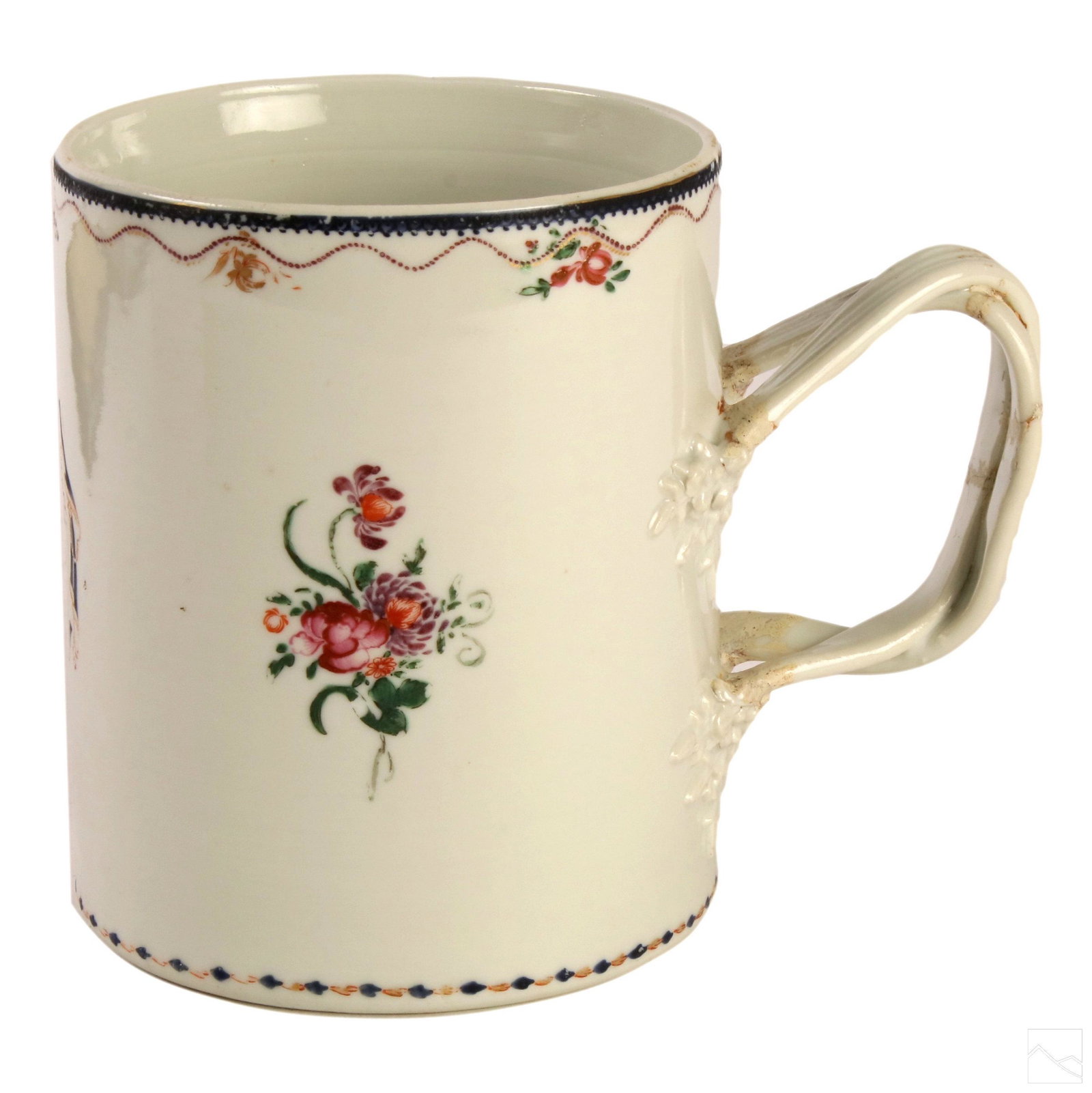 Chinese Armorial Antique Painted Twist Handled Mug: Exported Armorial china cup. Features double twisted handle with leaf and flowers motif adjoining the handle to cup. Hand painted flowers and bears painted crest with initials "JC" to front. Includes 