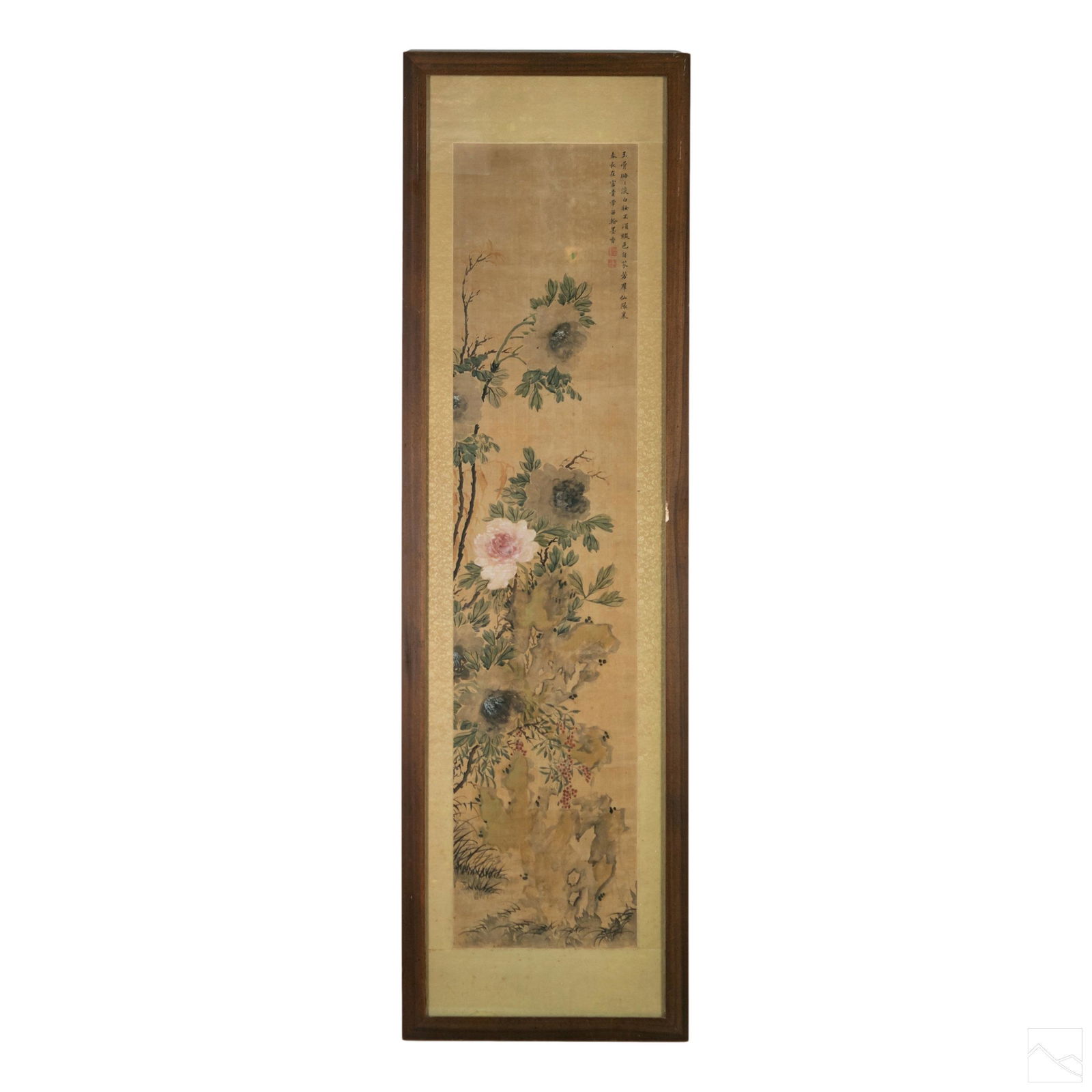 Chinese Framed Antique Floral Silk Scroll Painting (1 of 5)
