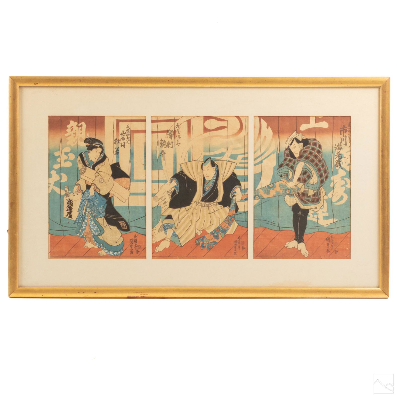 Japanese Antique Triptych Color Wood Block Print: Antique color woodblock triptych. Depicts Japanese samurai male figurers and one geisha girl. Character marks lower right and top right corners of each block. Good to fair overall condition with wear