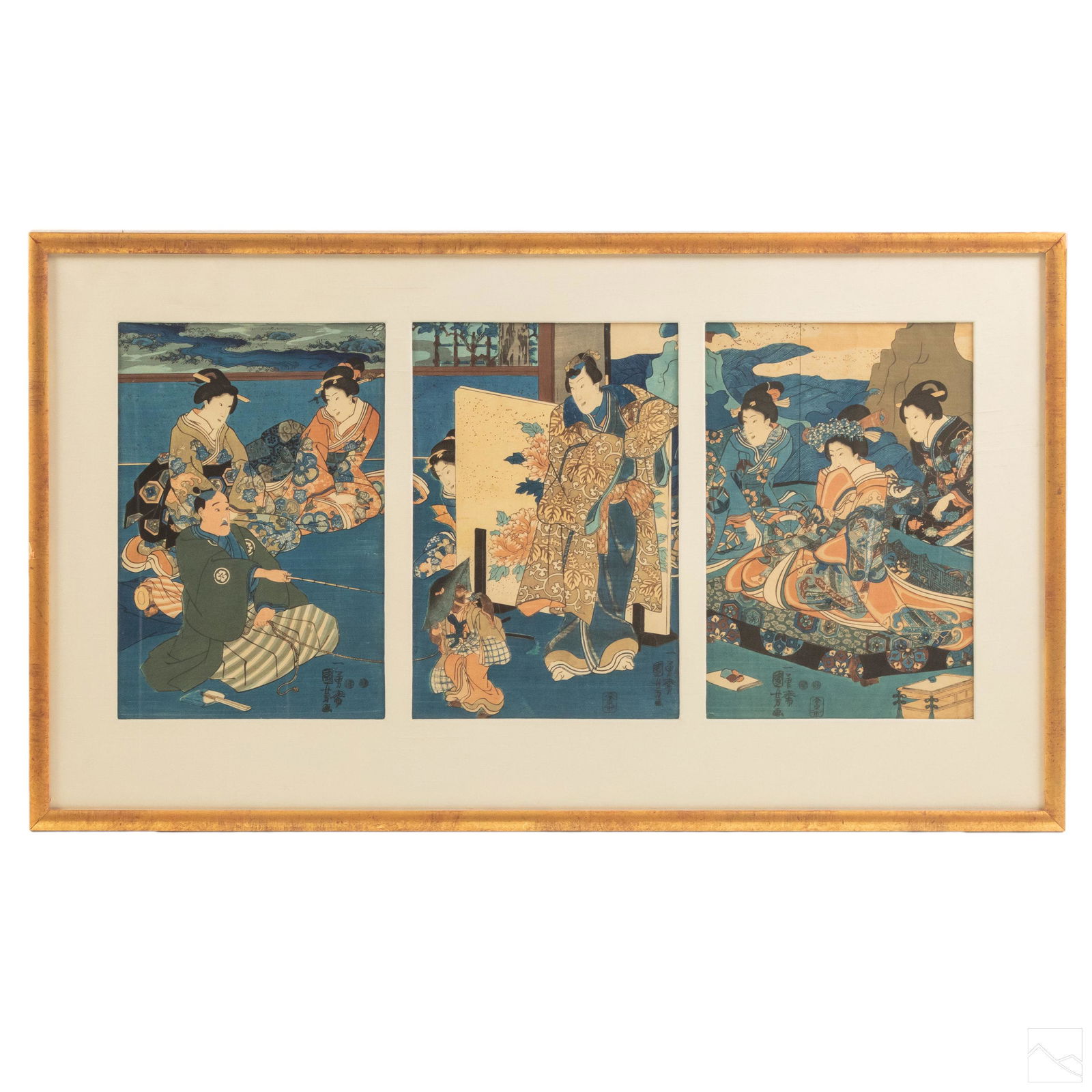 Japanese Antique Triptych Color Wood Block Prints: Antique Japanese triptych color woodblock. Depicts Japanese male figures and geisha girl figures, with monkey. Character marks in lower corner of each block. Good overall condition with minor wear to