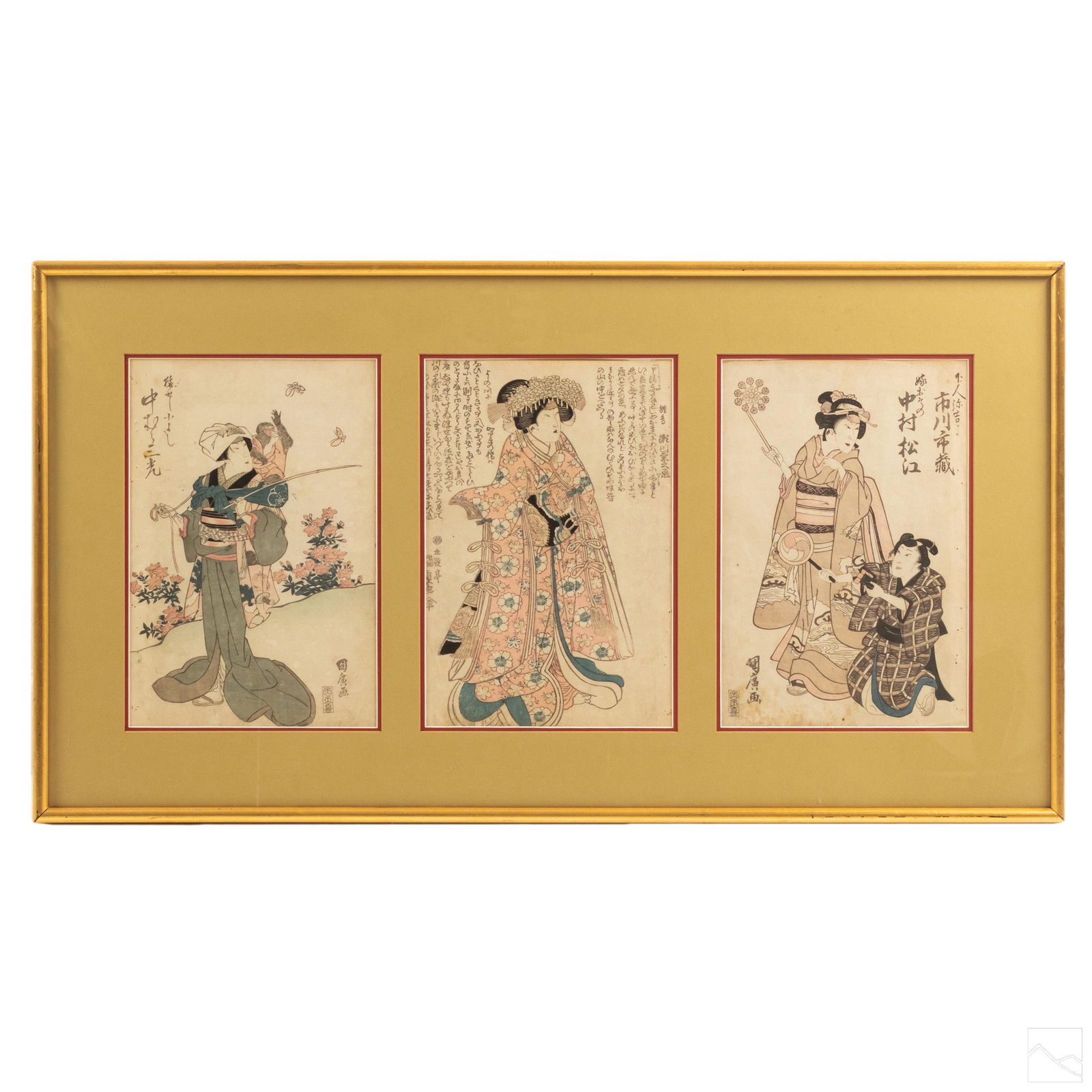 Japanese Antique Triptych Color Wood Block Print: Antique Japanese triptych color woodblock. Depicts Japanese geisha girl figures and monkey. Character marks in lower corner of each block and Japanese text in top corners. Good overall condition with