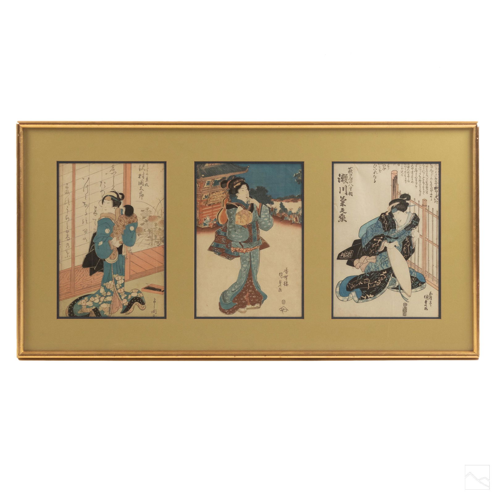 Japanese Antique Triptych Color Wood Block Print: Antique Japanese triptych color woodblock. Depicts Japanese geisha girl in kimonos. Character marks in corners of each block. Good to fair condition with wear to frame. Minor scratching to paper with