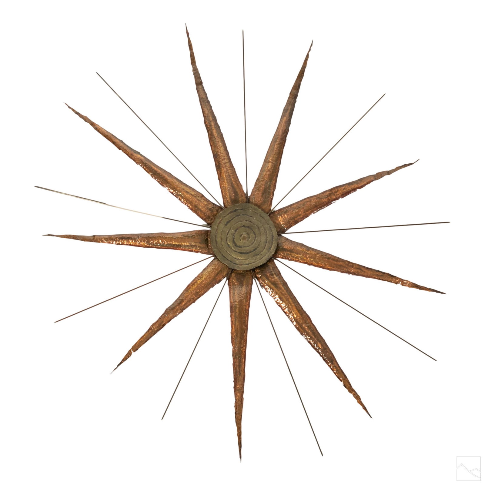 Mid Century Brutalist Copper Star Burst Sculpture: Crafted of brazed brass and copper. Brutalist stylized starburst or sun wall sculpture. Radiating arms around a central brass medallion. Unsigned. SHIPPING Hill Auction Gallery will not ship. Gallery 