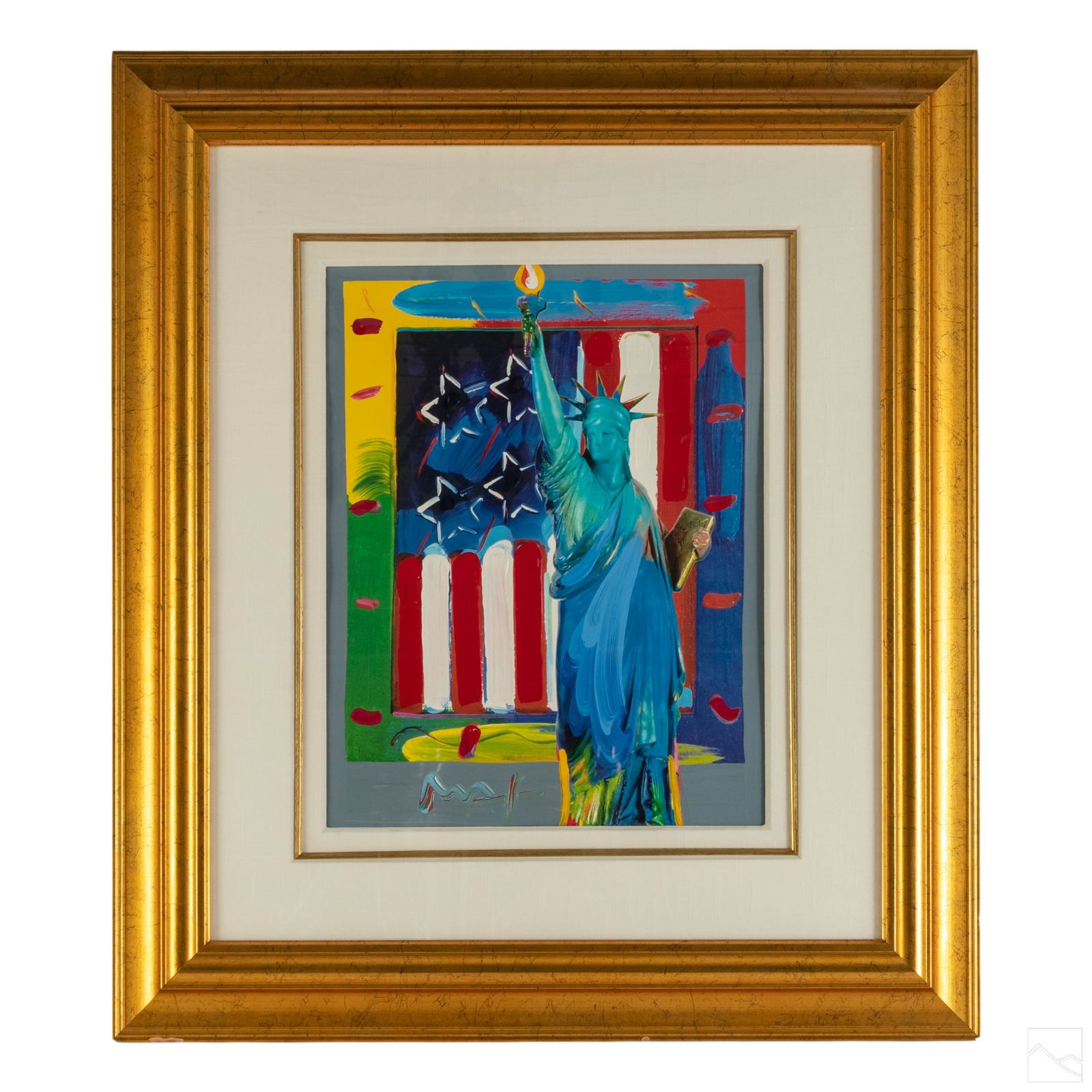 Peter Max (b.1937) Patriotic Liberty Flag Painting: Peter Max (German, born 1937). Original mixed media with acrylic paint and color lithograph on paper. A colorful pop art image of the Statue of Liberty and the American flag. Titled "Patriotic Series: