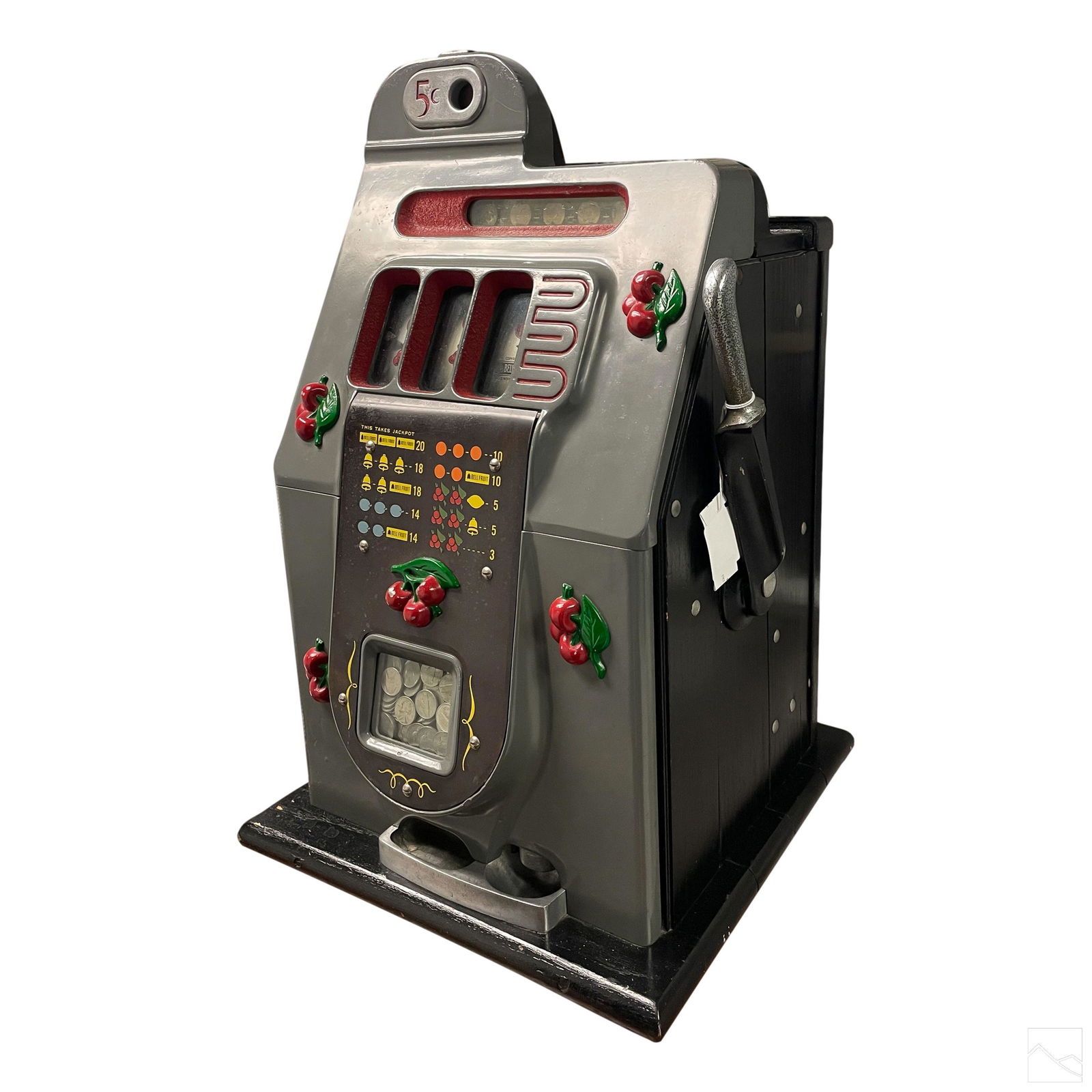 Mills Art Deco Black Cherry Nickel Slots Machine: Vintage 1940s Mills 5 cent black cherry slot machine. Features red cherry motif, black metal body, aluminum metal front, fixed to black wood base. No apparent serial #s noted. Machine jammed and may r
