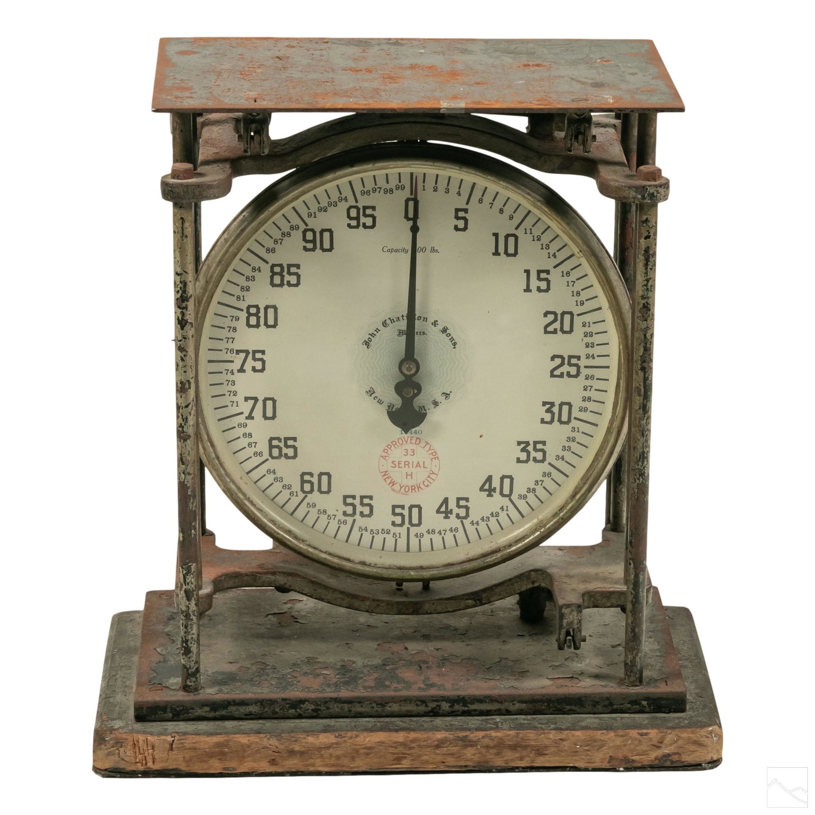 Chatillon & Sons Vintage American Industrial Scale: Vintage John Chatillon and Sons American industrial scale. Metal frame with scale with original glass center. Fixed to wooden base. SHIPPING Hill Auction Gallery will not ship. Gallery will refer a lo