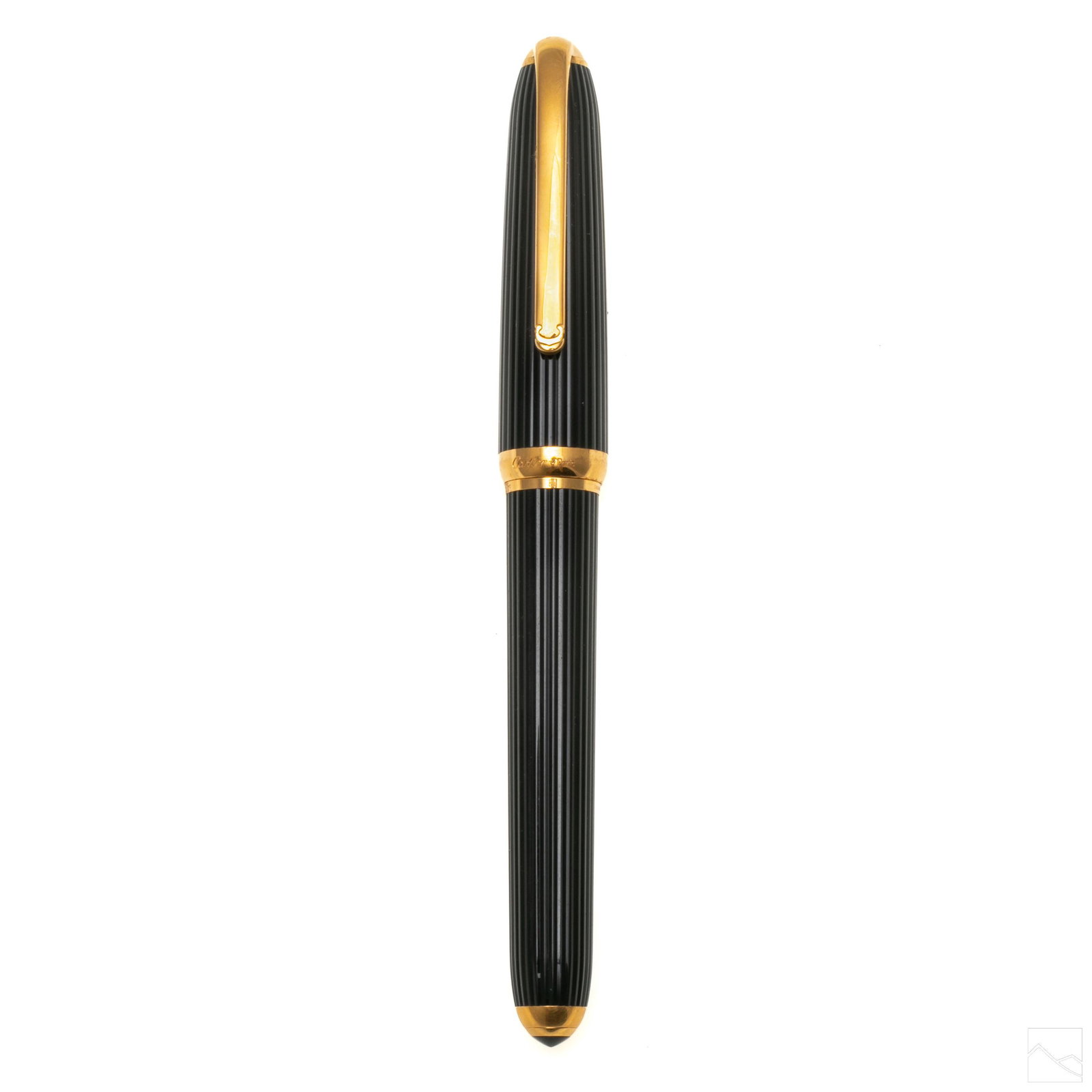Cartier 18K Gold Nib & Black Lacquer Fountain Pen: Cartier fountain pen with 18k gold nib and black lacquer body and gold plated metal sections. Marked 18k Cartier. Measures 5.75 inches. SHIPPING Hill Auction Gallery will offer in-house continental US