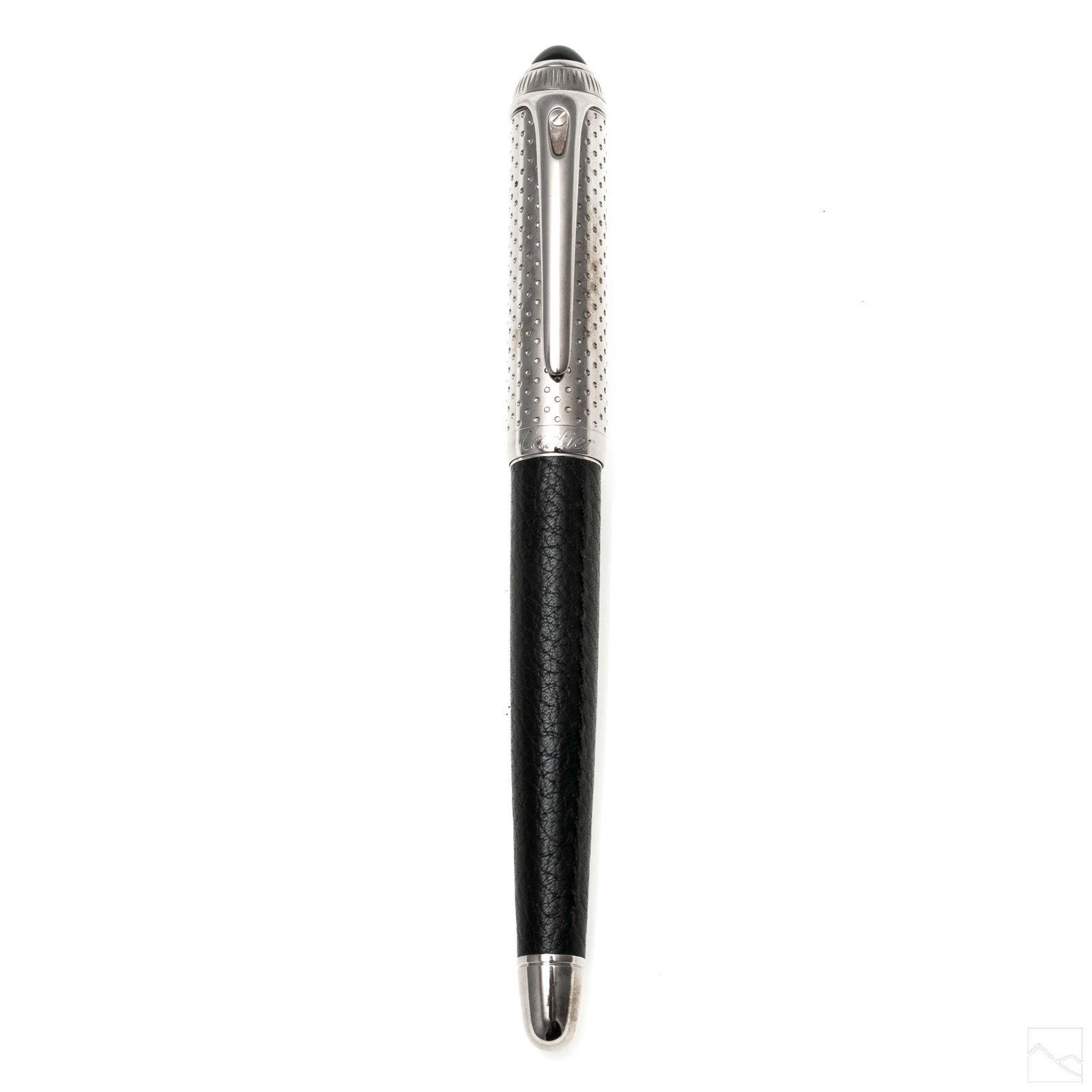 Cartier Roadster Rhodium and Leather Ballpoint Pen: Cartier "Roadster Driving Gloves" ball point, rhodium plated, and black leather pen. Capped with black onyx cabochon. Marked Cartier. Measures 6 inches. SHIPPING Hill Auction Gallery will offer in-hou