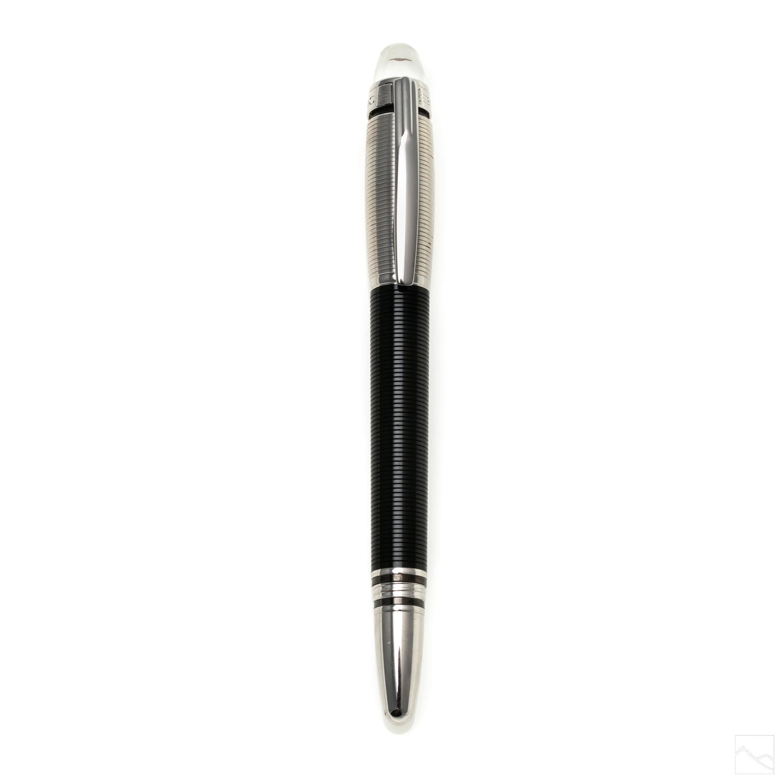 Montblanc StarWalker Fineliner Blue Rollerball Pen: Montblanc StarWalker model, black and rhodium plated metal, fineliner pen. Textured black body with clear cabochon with floating Montblanc Star. Marked Montblanc Meisterstuck. Measures 5.5 inches. SHI