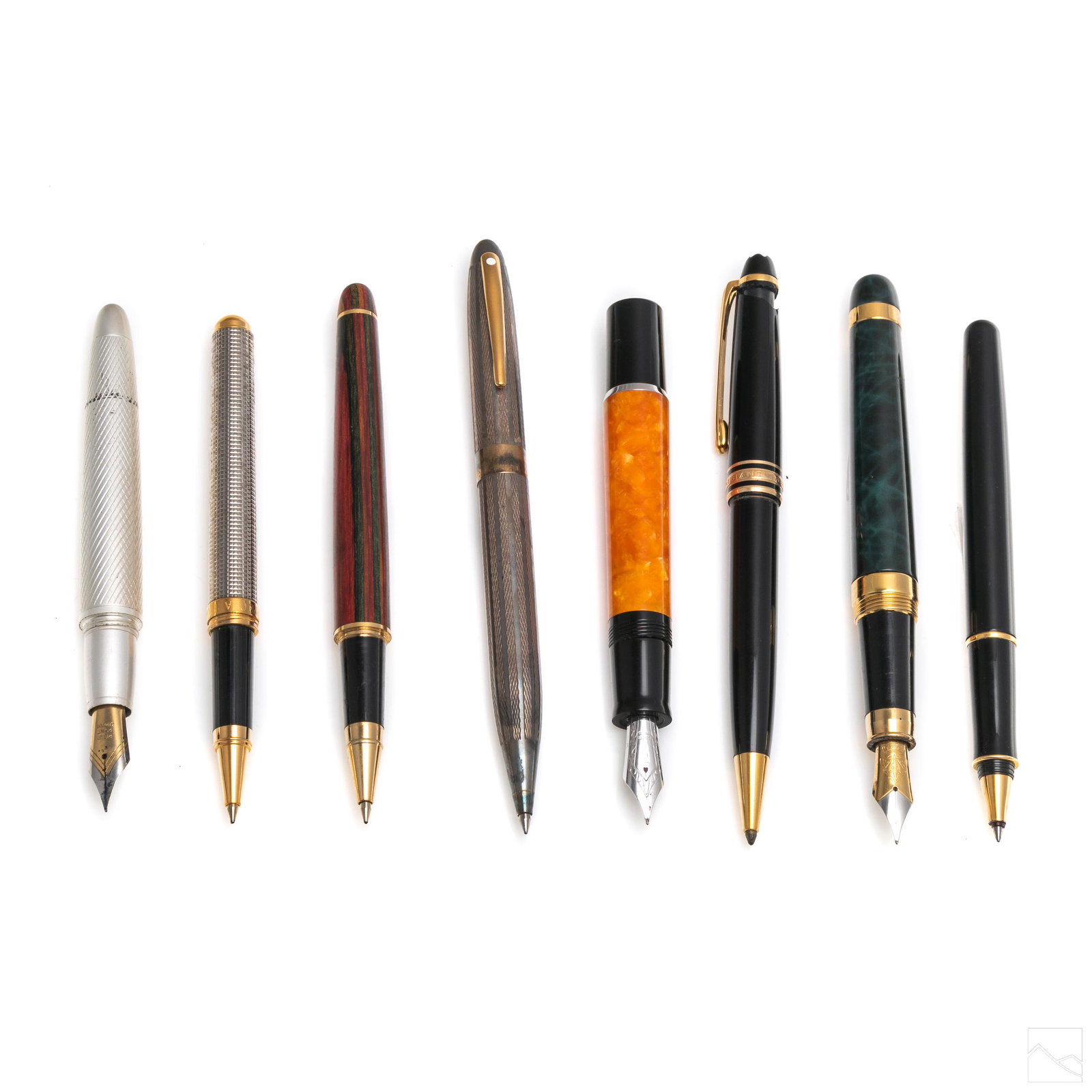 Montblanc, Parker, Sheaffer, Gucci Pens Collection: Collection of eight (8) fountain and ballpoint pens. Includes a Delta fountain pen with 18k gold nib. A Montblanc rollerball pen. A sterling silver cased Sheaffer. A Parker rollerball pen. A Gucci fou