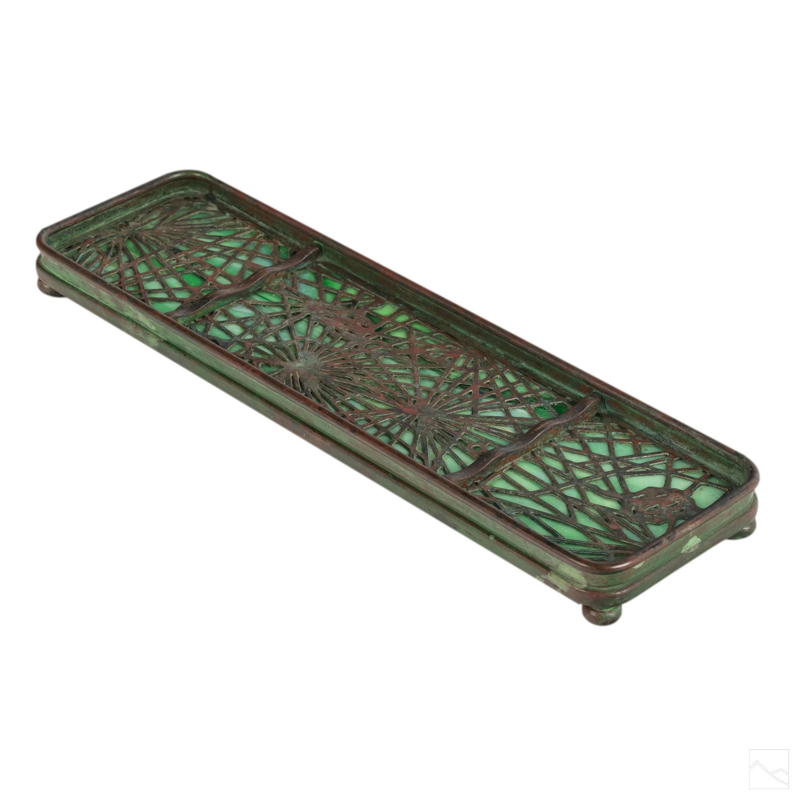 Tiffany Studios Art Nouveau Bronze Glass Pen Tray: Tiffany Studios Art Nouveau "Pine Needle" pattern footed pen tray. Features bronze over green slag glass. Signed Tiffany Studios New York #1004. SHIPPING Hill Auction Gallery will offer in-house conti