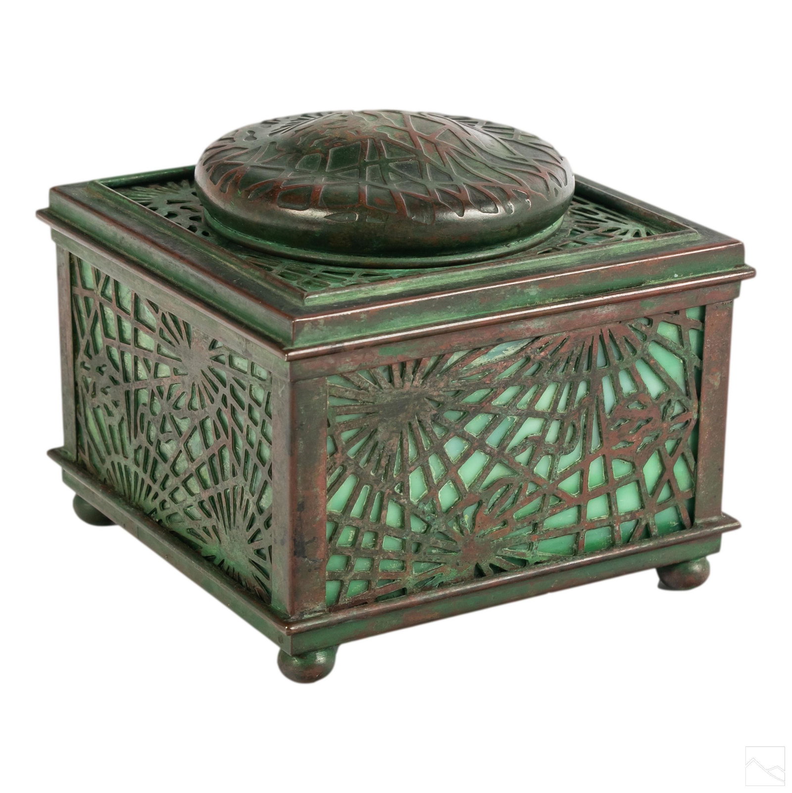 Tiffany Studios Art Nouveau Bronze Footed Inkwell: Tiffany Studios Art Nouveau "Pine Needle" pattern footed inkwell. Features bronze over green slag glass. Includes heavy clear glass insert. Signed Tiffany Studios New York # 844. SHIPPING Hill Auction