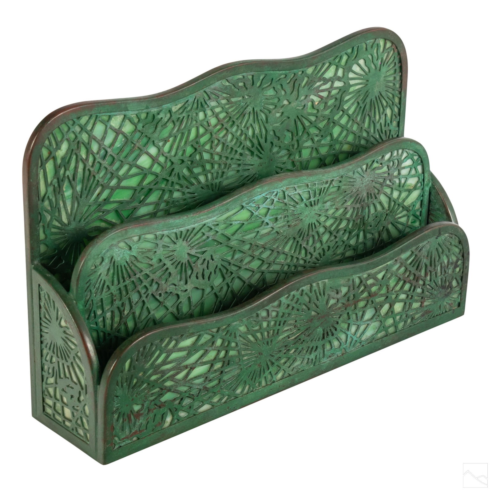 Tiffany Studios Art Nouveau Bronze Letter Holder: Tiffany Studios Art Nouveau "Pine Needle" pattern desk top letter holder. Features bronze over green slag glass. Signed Tiffany Studios New York #1008. SHIPPING Hill Auction Gallery will offer in-hous