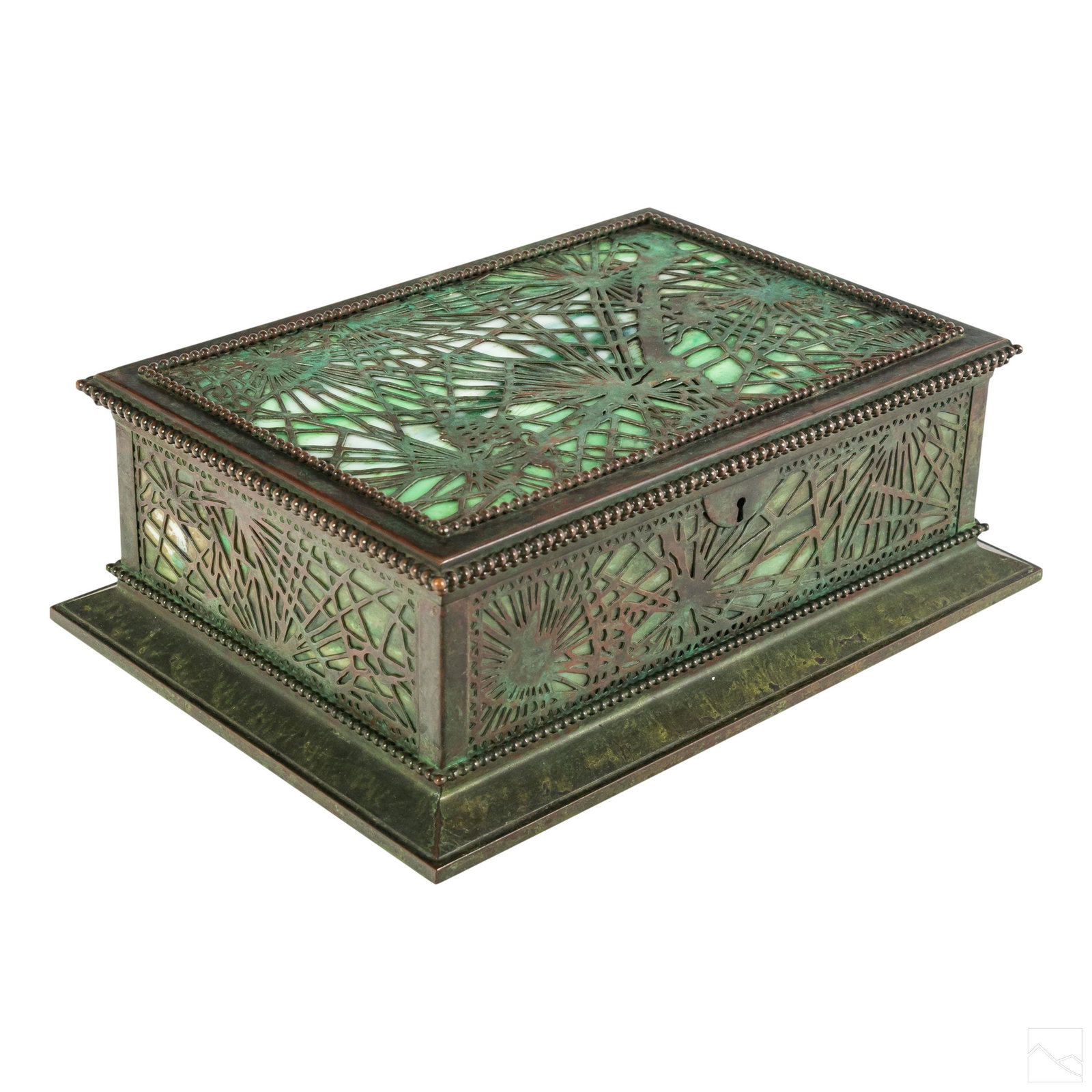 Tiffany Studios Art Nouveau Bronze and Glass Box: Tiffany Studios Art Nouveau "Pine Needle" pattern desk box. Features bronze over green slag glass. Cedar wood interior lining. Bronze beading around top and lower edging. Box has lock. Does not includ
