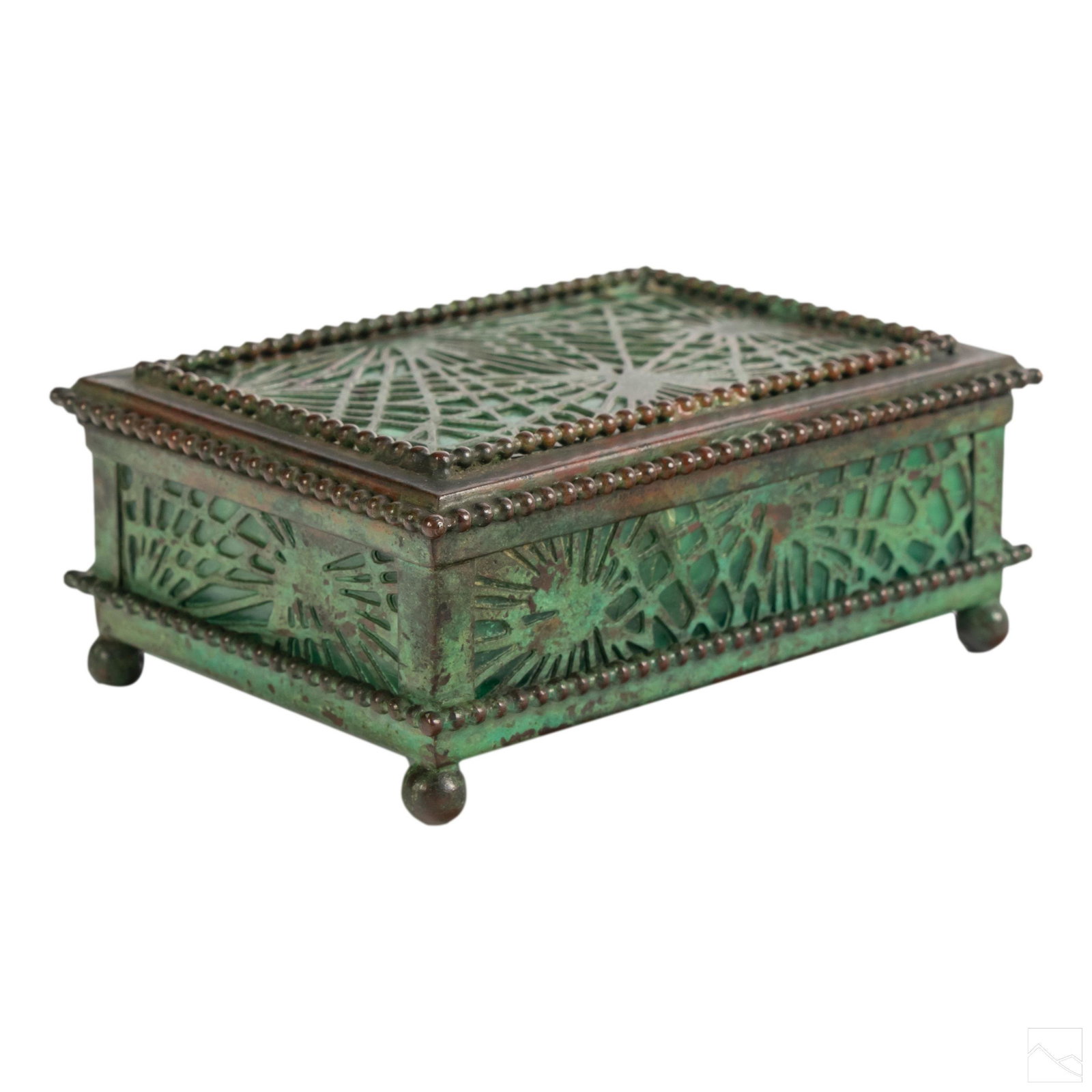Tiffany Studios Art Nouveau Bronze & Glass Box #23: Tiffany Studios Art Nouveau "Pine Needle" pattern hinged utility box. Features bronze over green slag glass. Bronze beading around top and lower edging. Signed Tiffany Studios New York # 23. SHIPPING 