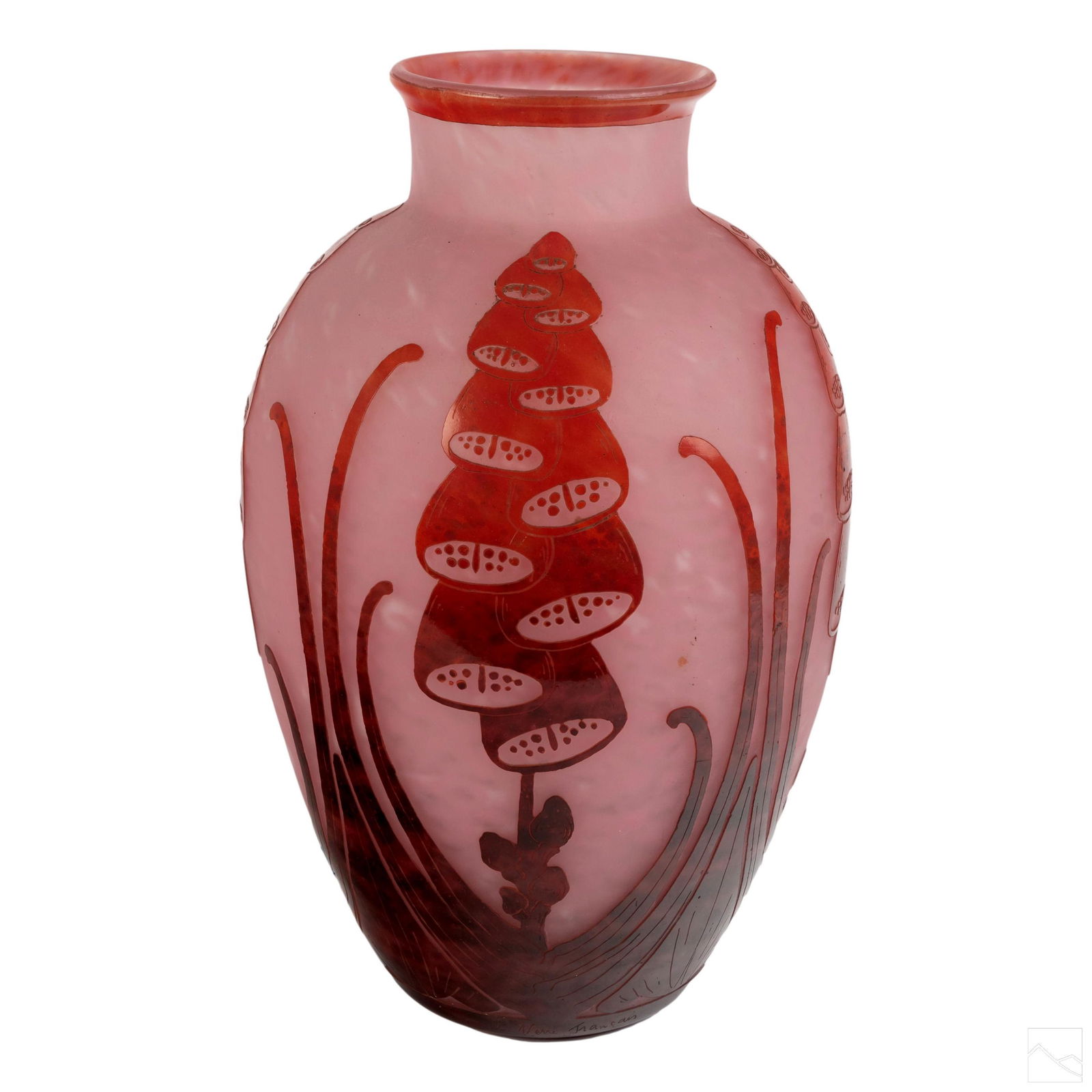 Charles Schneider La Verre French Art Glass Vase: Crafted of fine quality French art glass. Art Deco design by Charles Schneider, circa 1924-1927. Digitales features a stylized foxglove pattern in mottled red cameo cut to a frosted pink glass. Signed