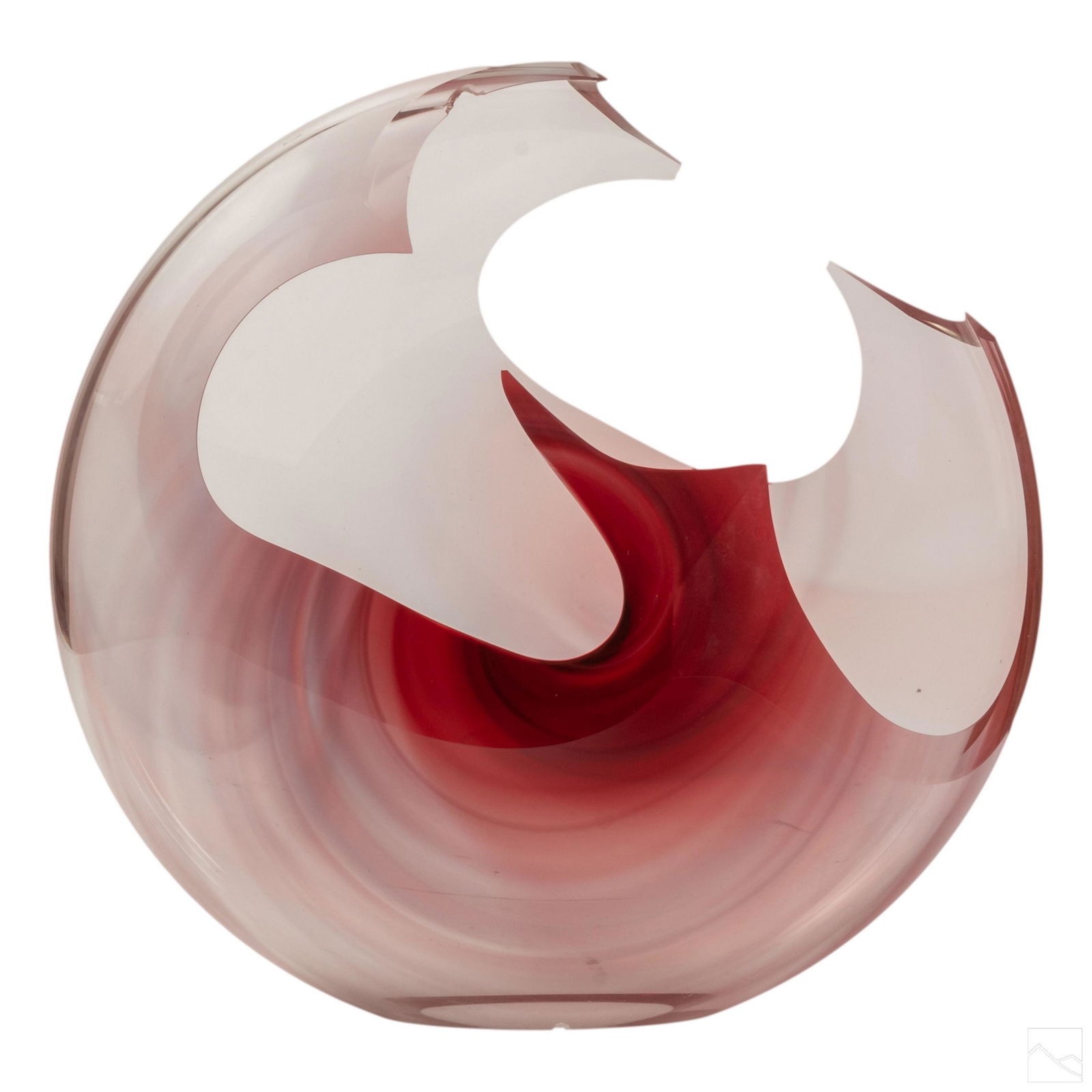 Peter Vanderlaan Born 1950 Modern Art Glass Vase: Peter Vanderlaan (American, born 1950) Modernist studio art glass vase sculpture. Features colors of light pink, and maroon, cased in etched clear crystal. Artist signature to underside. SHIPPINGHill