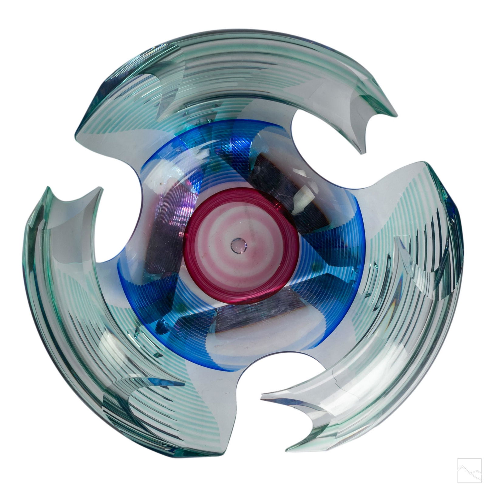 Kit Karbler & Michael David Modern Art Glass Bowl: Kit Karbler and Michael David (American, 20th to 21st Century). Modernist studio art glass bowl sculpture. Features colors of pink, blue and green, cased in ribbed clear crystal. Artist signatures to