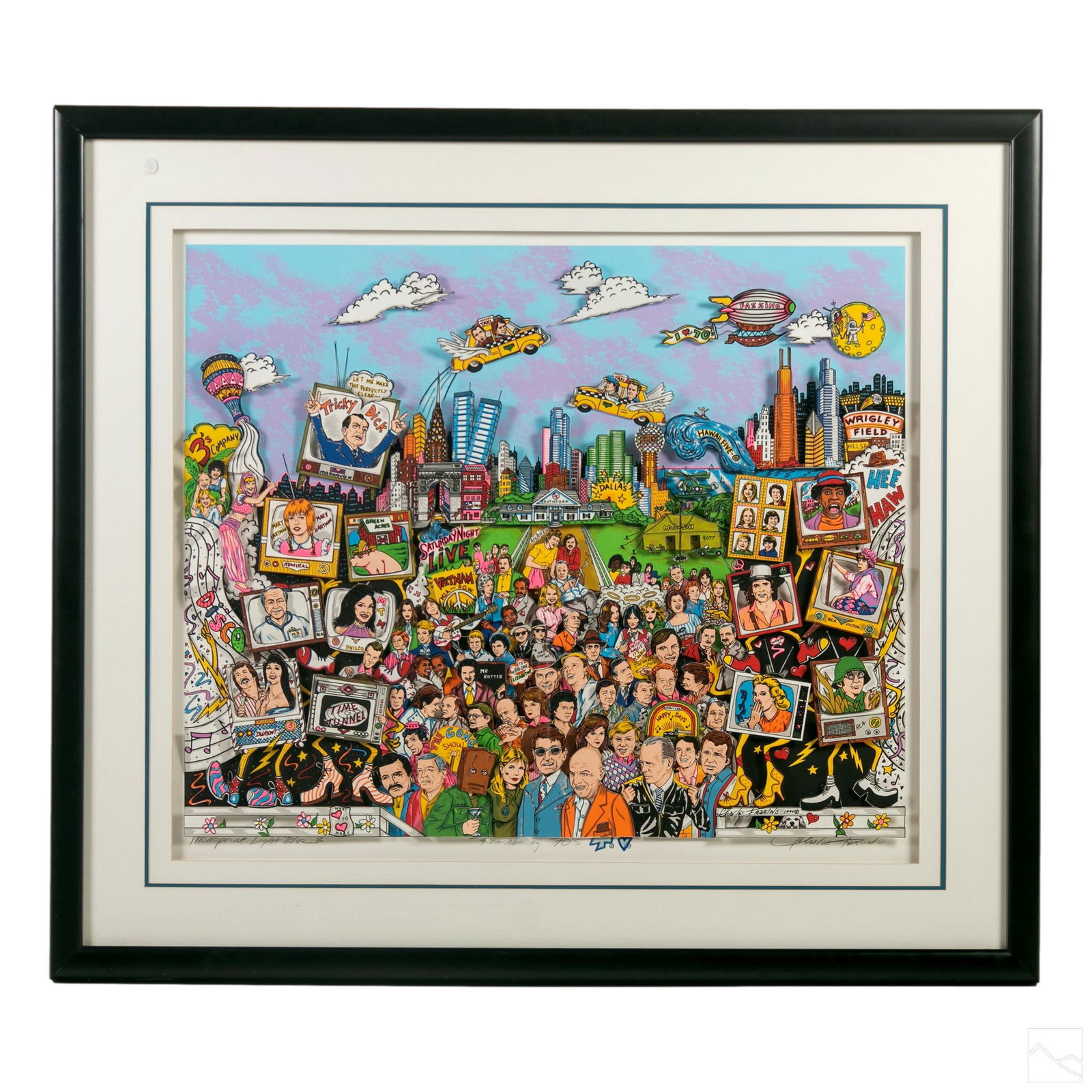 Charles Fazzino 1970s Television 3-D Graphic Art: Charles Fazzino (American, born 1955). Mixed media 3-D graphic art. Titled "Remembering 70s T.V." Artist signature in pencil, lower right, and monoprint light blue to lower left. Certificate of authen