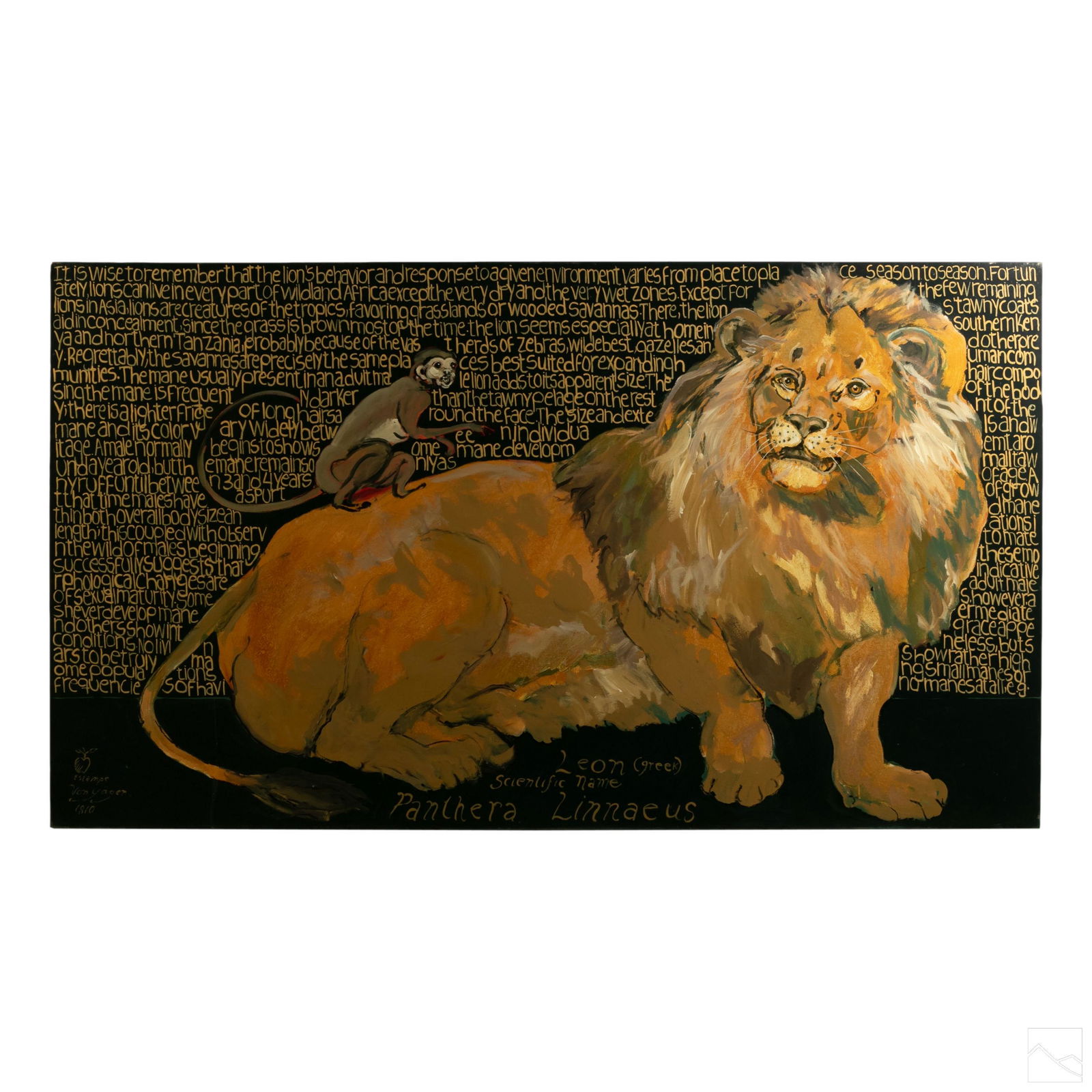 Ira Yeager b1938 Lion Monkey Graffiti Art Painting: Ira Yeager (American, born 1938). Large original Neo Expressionism oil painting on canvas. Modernist study of a lion and monkey to foreground, with script across the ground of the painting. Artist sig