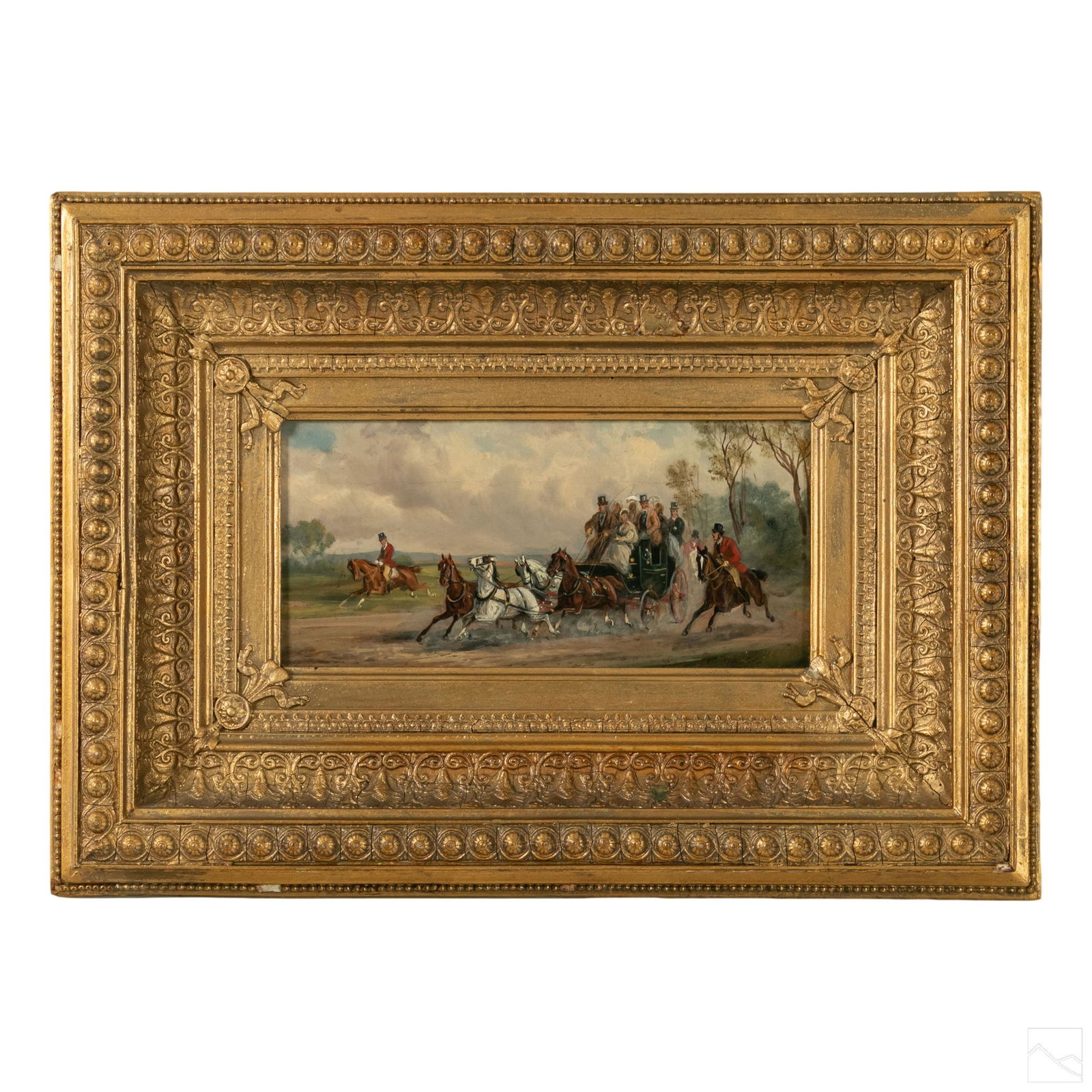 Equestrian Horse and Carriage Antique Oil Painting: Antique oil painting on canvas. An equestrian horse and coach scene with human figures. No apparent signature. Housed in ornate gilt wood frame. Work size: 5 x 10 inches.SHIPPINGHill Auction Gallery w