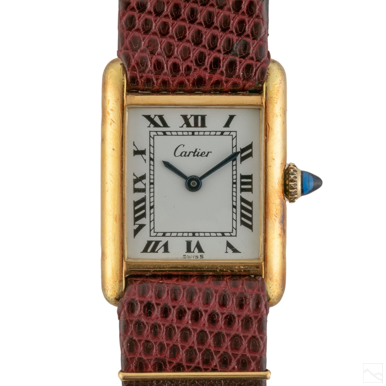 Cartier Gold 20.5mm Plaque Mechanical Tank Watch: Classic Cartier Tank watch. With gold plated case and working mechanical movement. White enamel dial and black Roman numeral indicators. Robert Hirsch strap and buckle. Case measures 20.5 mm. 7 in. st