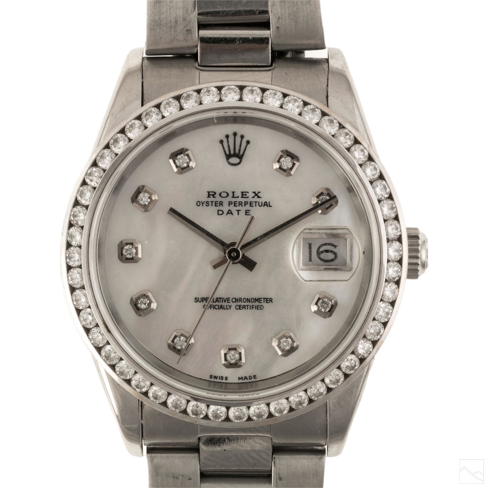 Rolex Ref 15200 Date Mother of Pearl Diamond Watch: Authentic Rolex reference 15200. Mother of pearl dial and diamond indicators with channel set diamond bezel. With steel oyster bracelet. Circa 2005. Good overall condition with minor wear. Measures 34