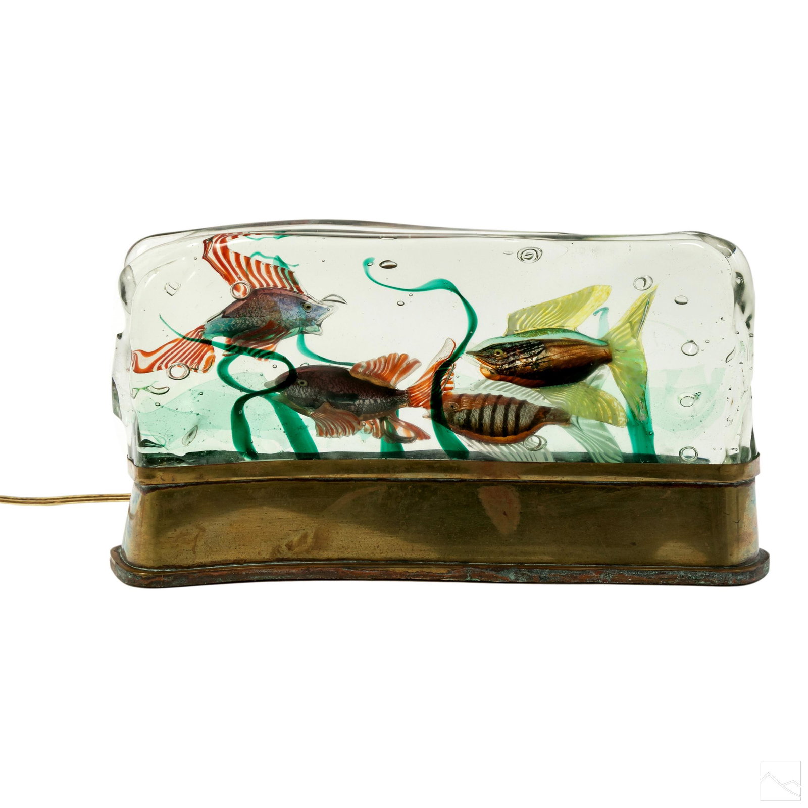 Murano Alfredo Barbini Glass Aquarium Sculpture: Vintage signed Venetian Italian art glass aquarium fish tank block Alfredo Barbini (Italian, 1912-2007). Four colorful tropical fish captured inside a glass block with green seaweed and controlled air