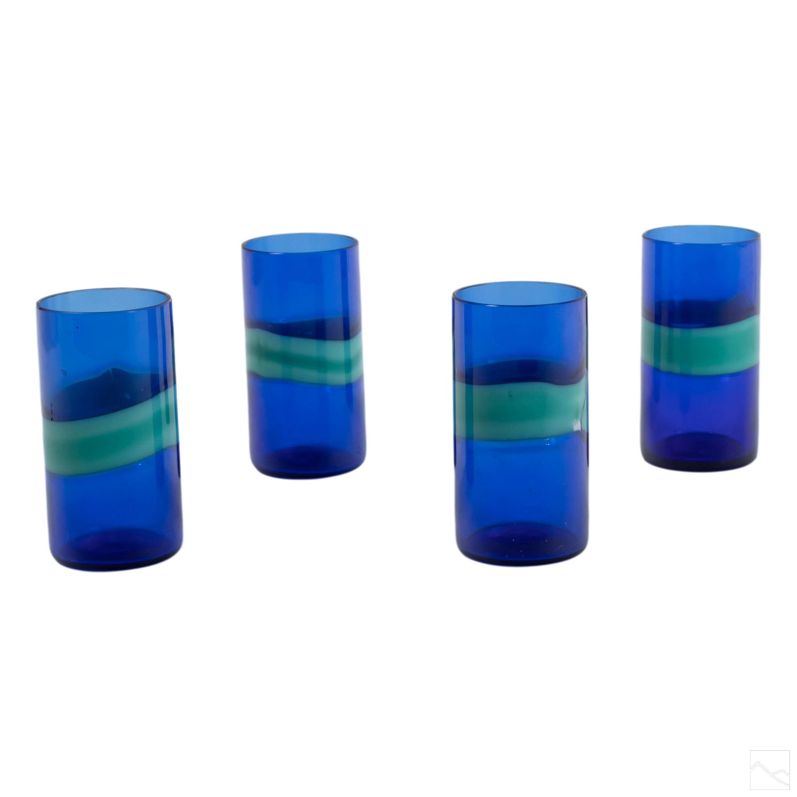 Murano Fulvio Bianconi Italian Art Shot Glass Set: Attributed to Fulvio Bianconi (Italian, 1915-1996). Set of four hand blown shot glasses, cobalt blue with turquoise bands. Made in Italy, circa 1950. Unsigned. SHIPPING Hill Auction Gallery will offer