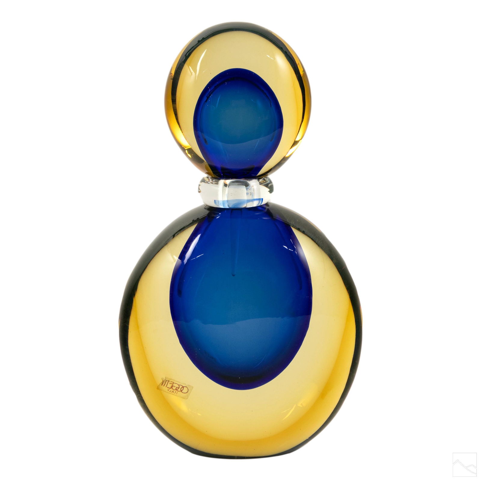 Murano Luigi Onesto Sommerso Oggetti Glass Bottle: Large Murano Italian art glass bottle with stopper by Luigi Onesto for Oggetti. Features a cobalt blue bubble cased in light topaz glass. Signed on base. Retains fragment of original label. SHIPPINGHi