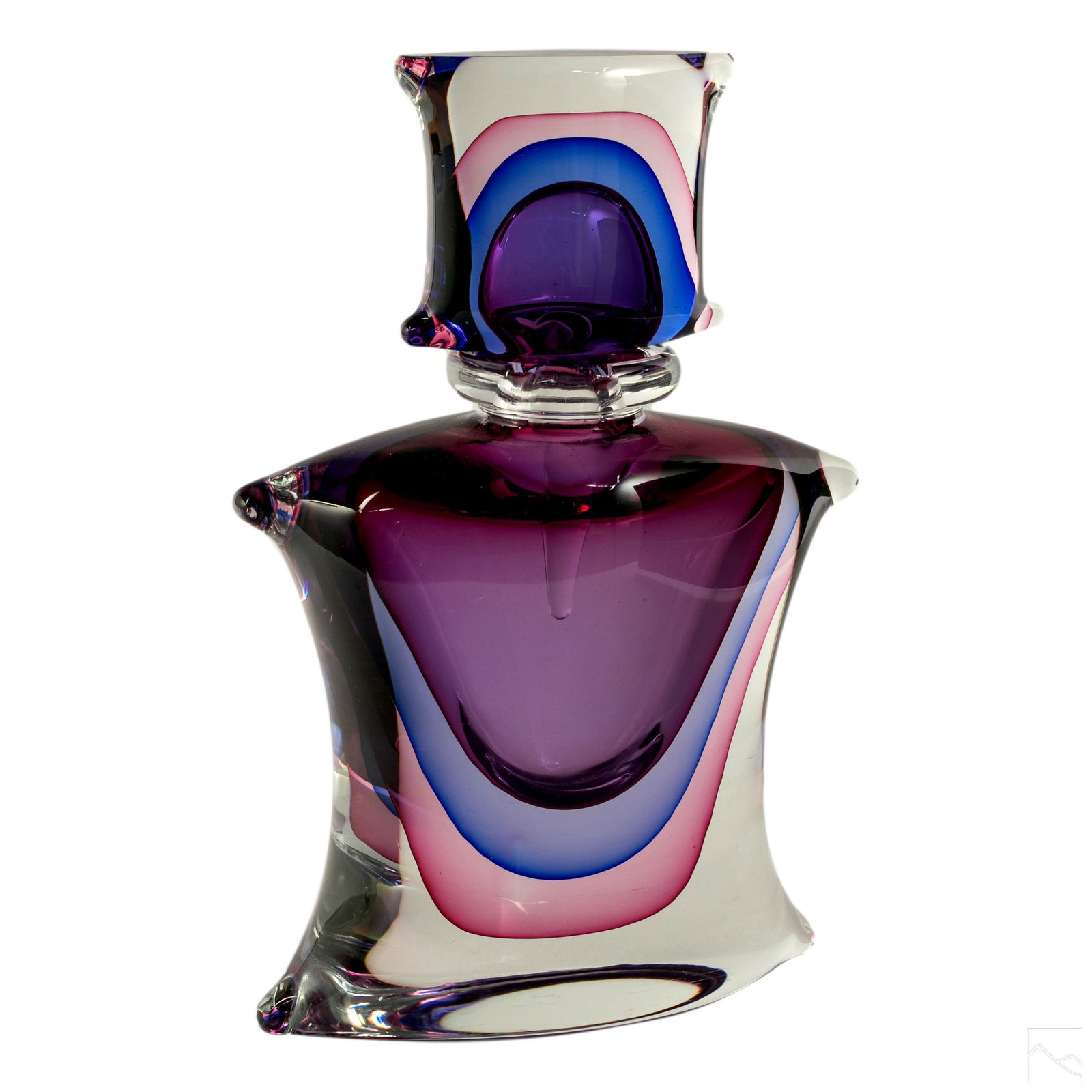 Murano Luigi Onesto Sommerso Oggetti Glass Bottle: Large Murano Italian art glass bottle with stopper by Luigi Onesto for Oggetti. Features purple, blue, and red cased in clear glass. Unsigned. SHIPPINGHill Auction Gallery will offer in-house continen