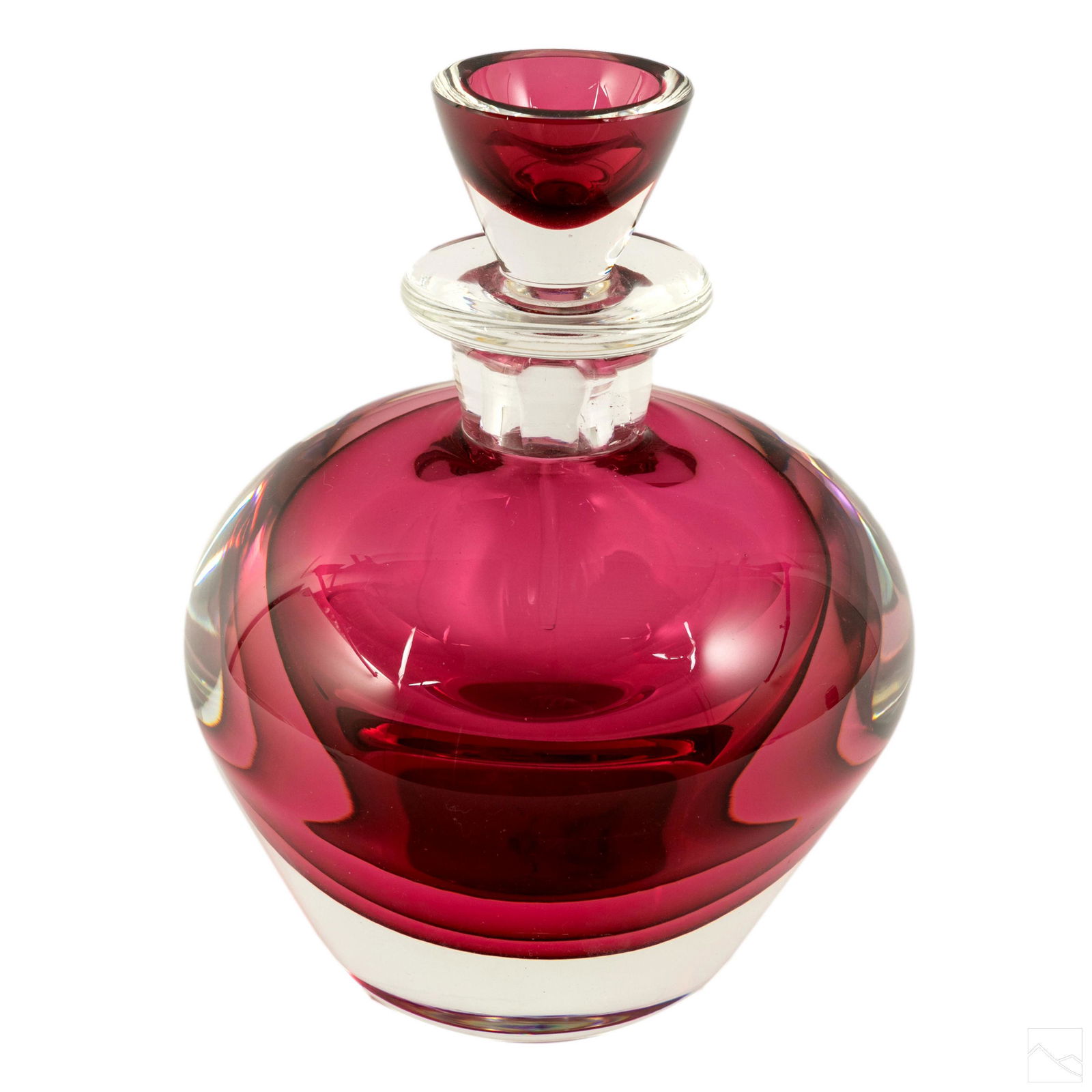 Murano Luigi Onesto Sommerso Oggetti Glass Bottle: Oversized Murano Italian art glass bottle with stopper by Luigi Onesto for Oggetti. Features pink/red cased in clear glass. Signed on base. SHIPPINGHill Auction Gallery will offer in-house continental