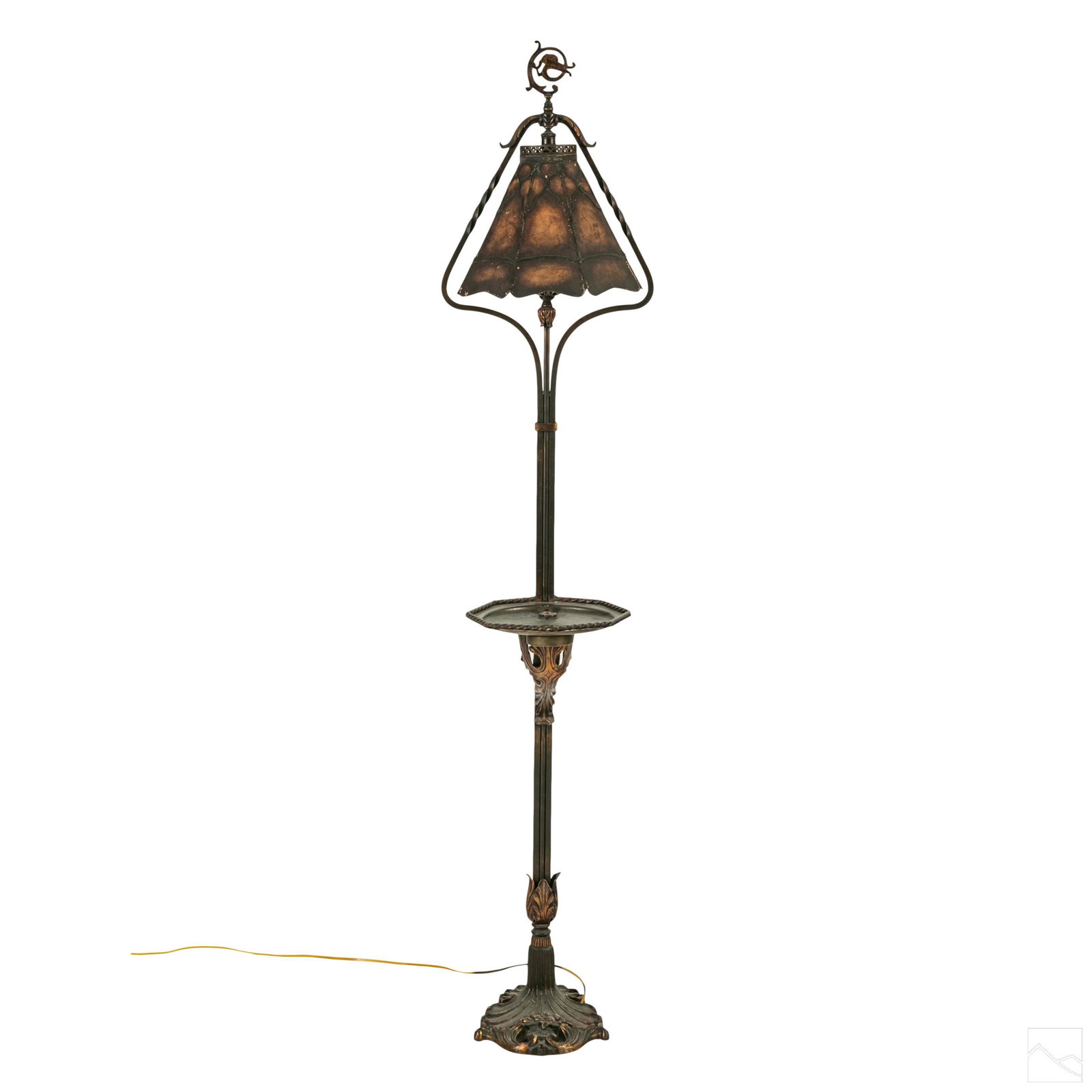 Arts & Crafts Movement Antique Ashtray Floor Lamp: Antique bronzed metal standing floor lamp and ashtray. Features tray with removable ashtray dish. Gilt leaf form base and accents with a transparent thin mica shade. SHIPPING Hill Auction Gallery will