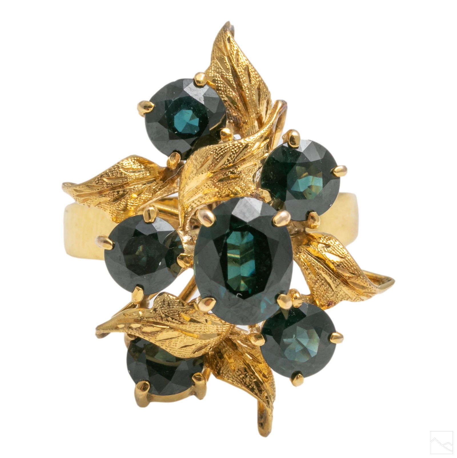 14K Yellow Gold 4.75CTTW Blue Sapphire Ring Size 8: Ladies 14k gold ring with blue sapphires. Embellished with foliate decoration. Ring face measures 28mm. Total gemstone weight is approximately 4.75 carats. Size 8. marked 14k SS. Total weight 8 grams.